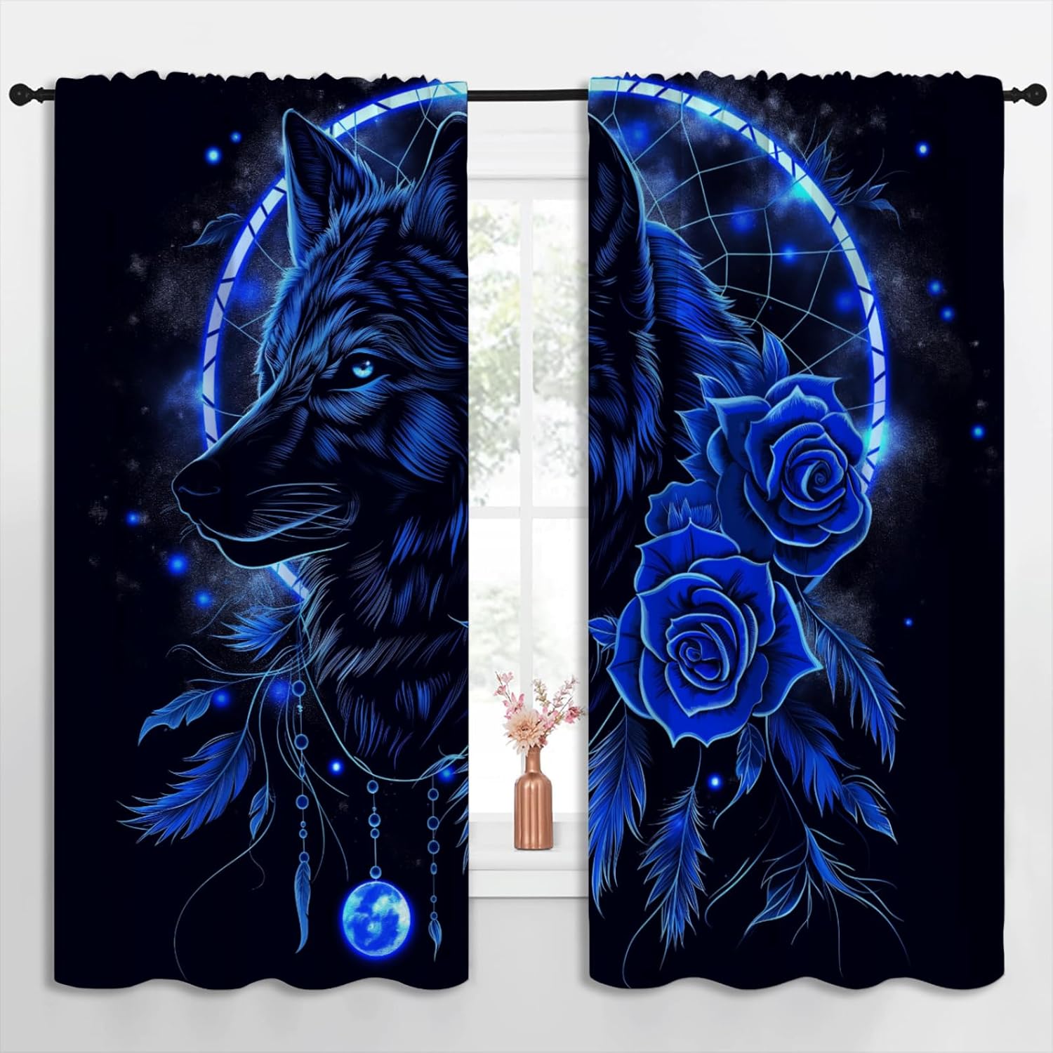 Wolf Blackout Curtains for Boys Girl Bedroom Home Decor, Natural Wild Animal Dreamcatcher Blue Rose Thermal Insulated Rod Pocket Darkening Living Room Window Drapes, 55 x 63 inch