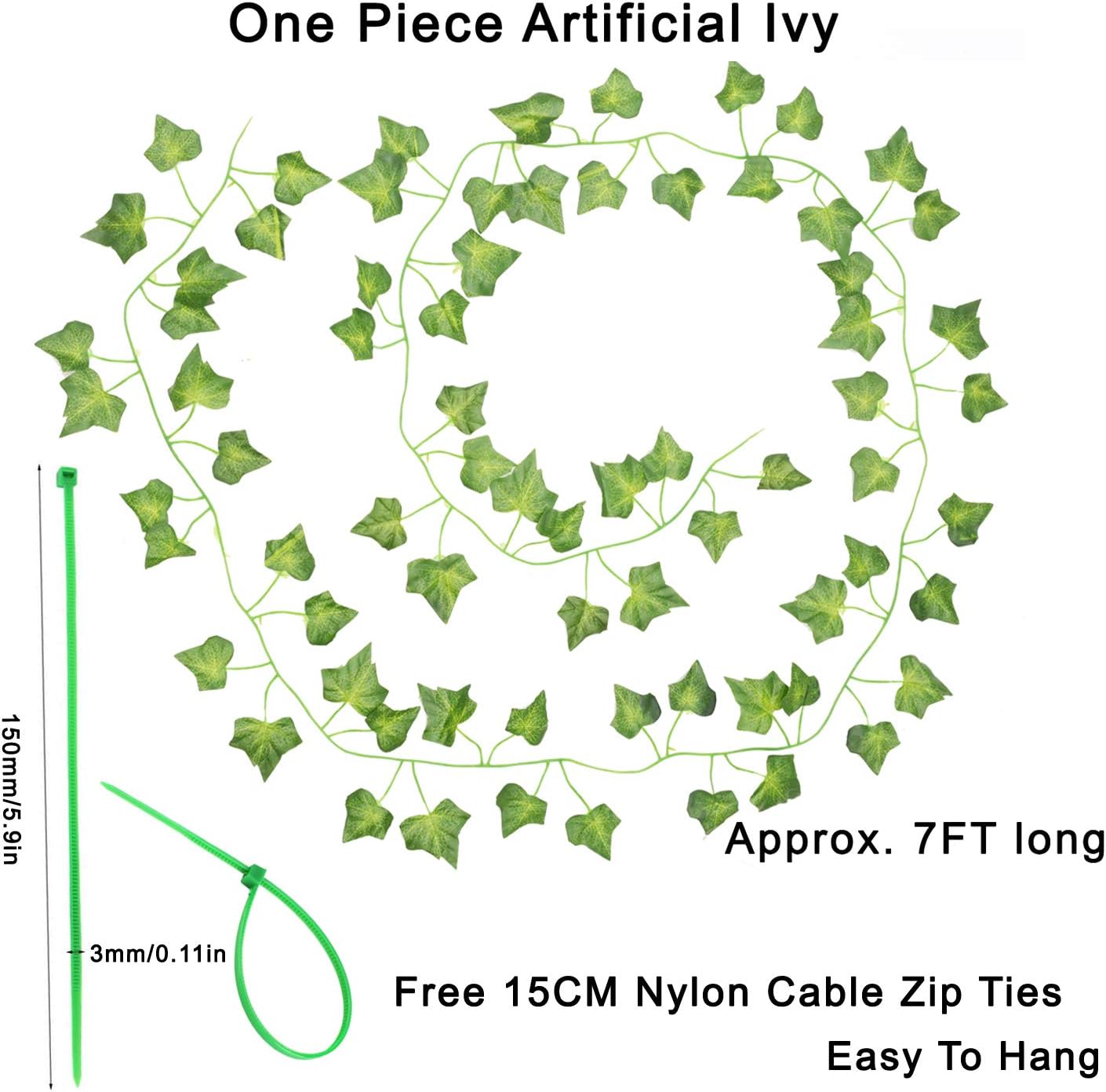 Artificial Ivy, 12 Pack Fake Ivy (Each 80 inch) Fake Leaves Plants Greenery Garlands Hanging for Wedding Party Garden Wall Decoration With 24pcs Cable Ties (12)