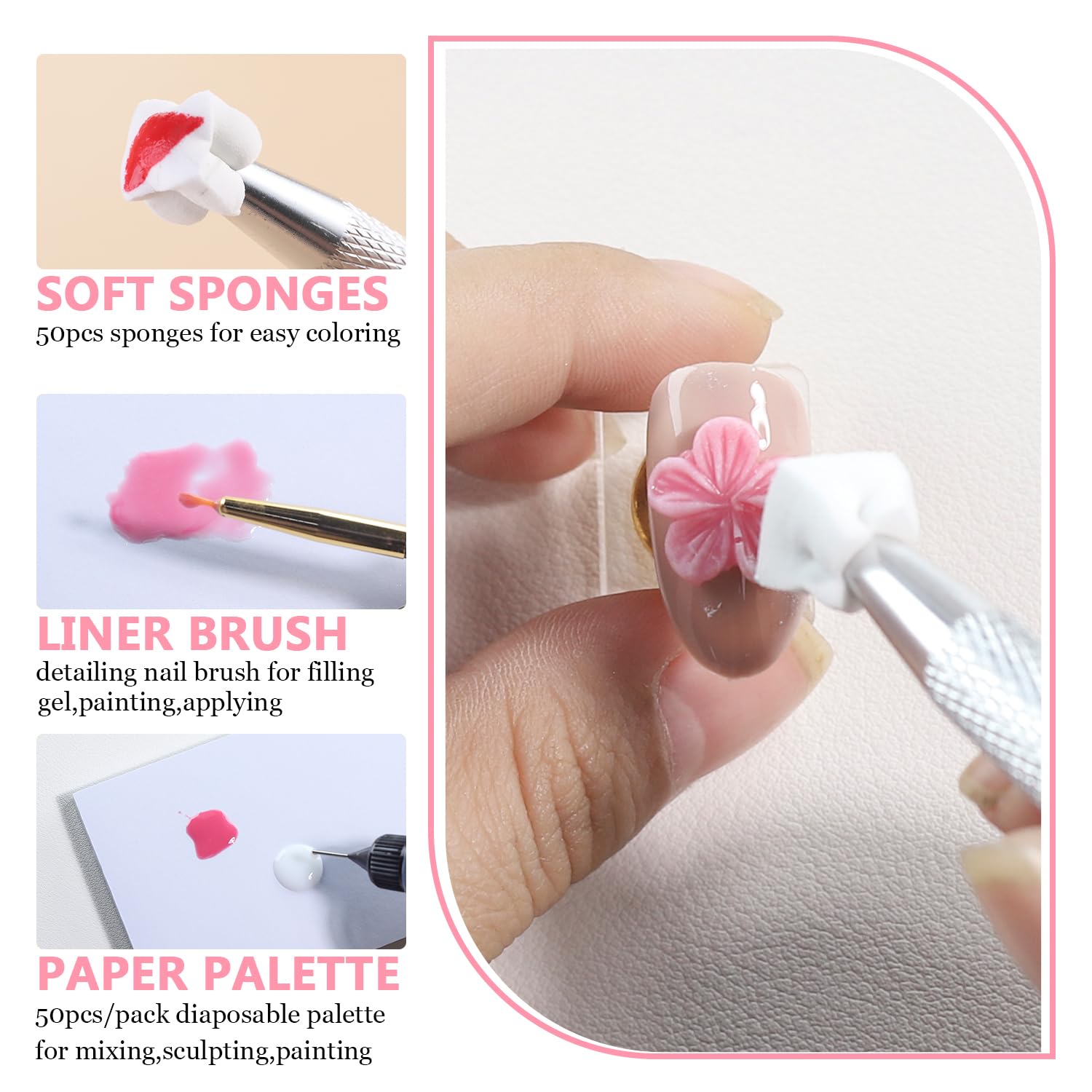 Fcozpjk 3D Gel Nail Art for Nails Starter Kit: 15ML Clear and White 3D Sculpting Gel with 3PCS Silicone Flowers Nail Charm Molds Gold Silver Chrome Powder Ombre Sponges Salon Supplies DIY Manicure