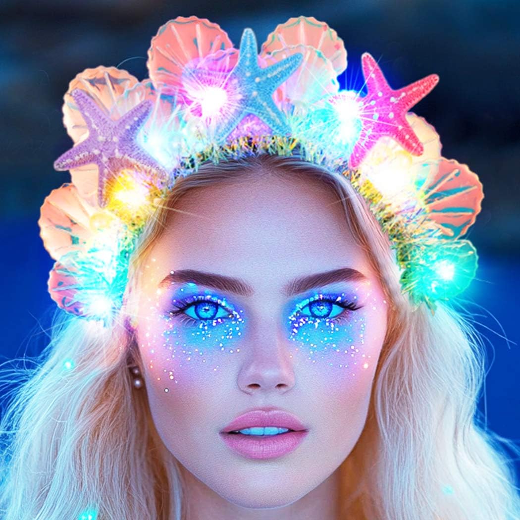GORTIN Light Up Mermaid Headband LED Glow Starfish Headbands Seashell Headpiece Costume Hair Accessories for Women
