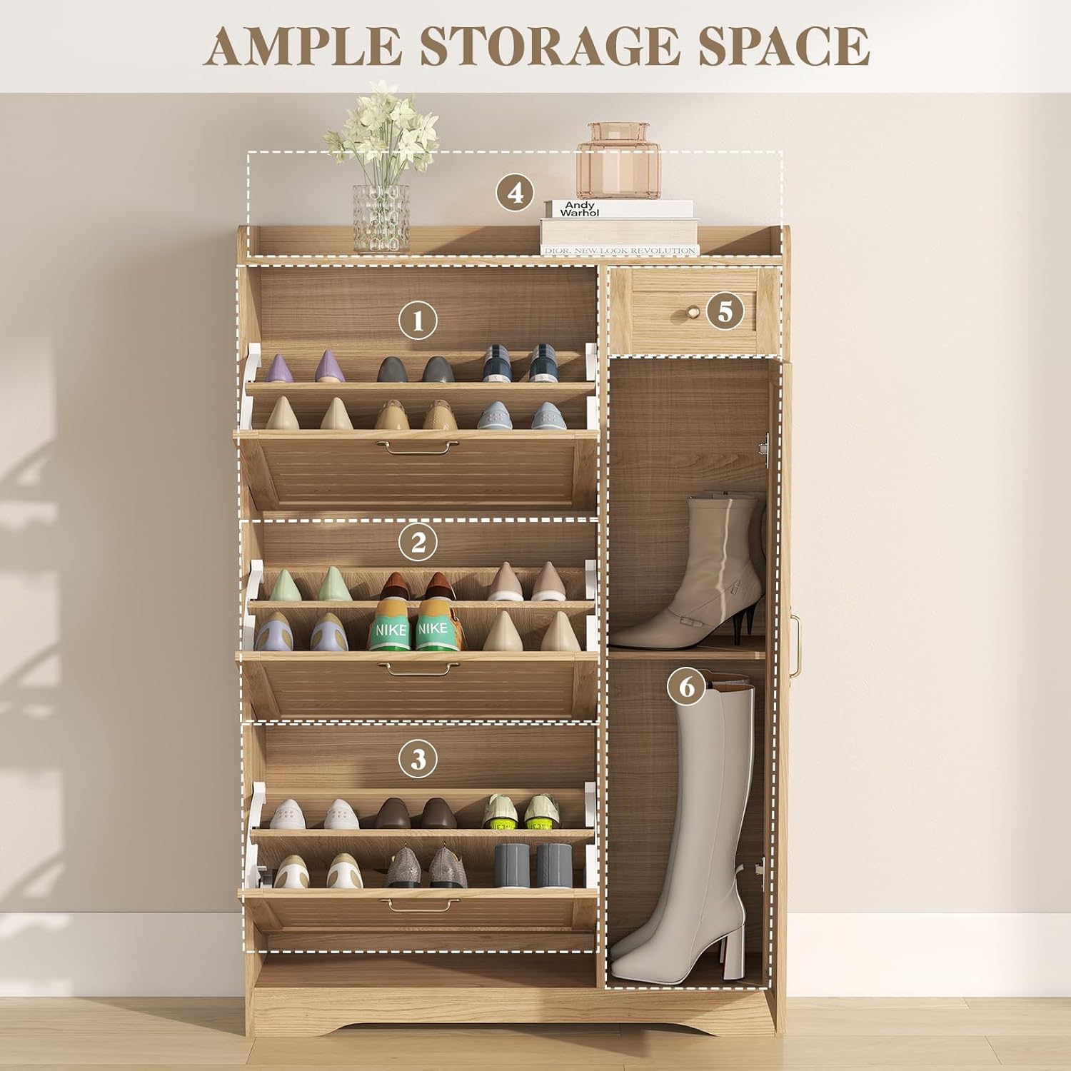 Narrow Shoe Cabinet Storage for Entryway, Hidden Shoe Rack Cabinet with Doors, 3 Flip Drawers & Adjustable Shelves, Thin Freestanding Boot Storage Closet Organizer, Ventilated Wood Design, Natural Oak