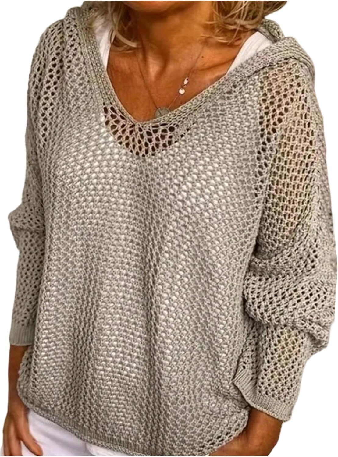 GORGLITTER Women's Crochet Hollow Out Hooded Sweaters V Neck Long Sleeve Loose Casual Knit Tops