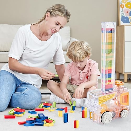 Miniatura 3 de Tren de dominó automático actualizado 2024 con 180 Dominos, juguetes STEM Montessori, regalos para niños (amarillo)