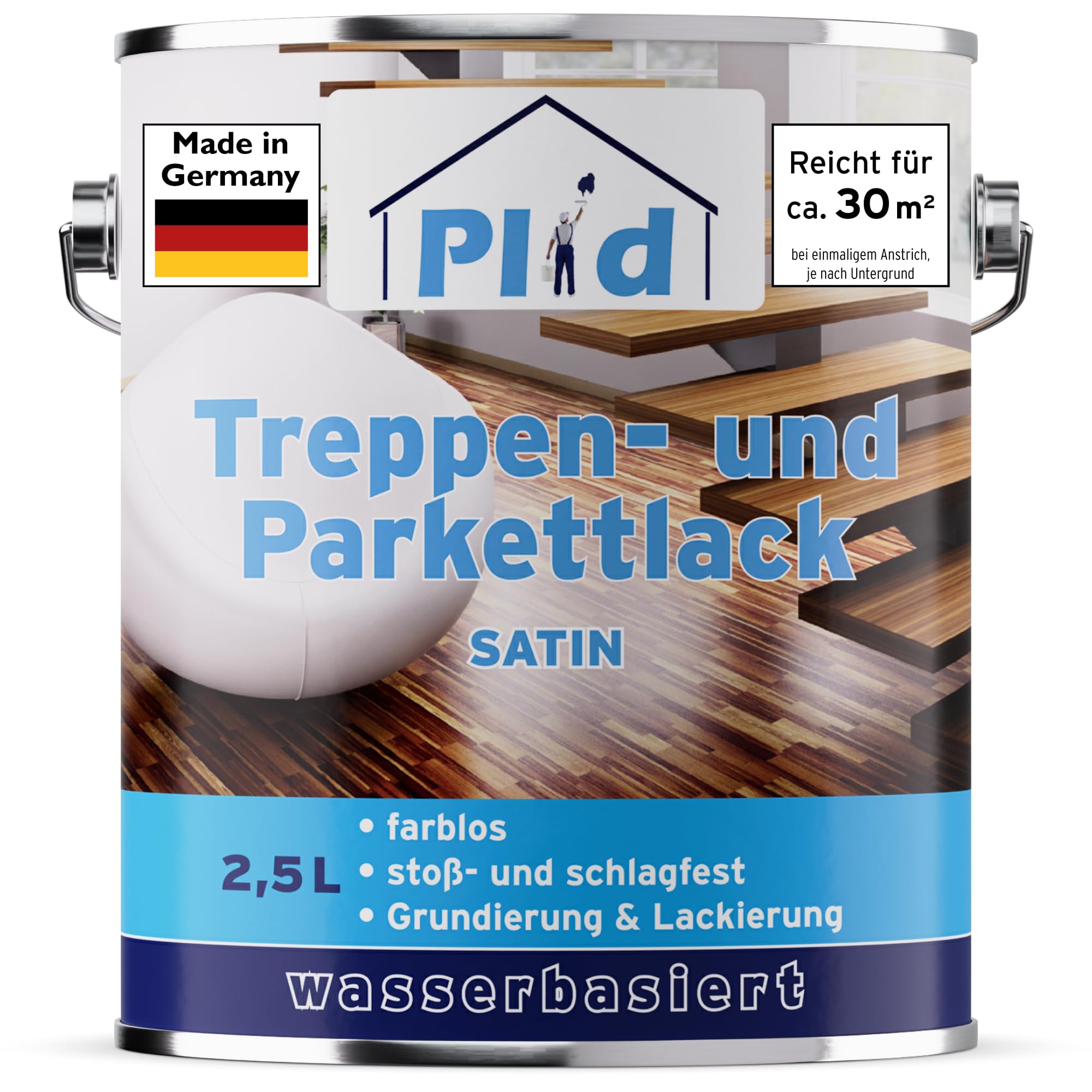PLID® Parkiet – lakier bezbarwny – jedwabisty połysk, nadaje się do uszczelniania korka, parkietu i podłóg drewnianych, schodów drewnianych oraz mebli w pomieszczeniach – odporny na uderzenia