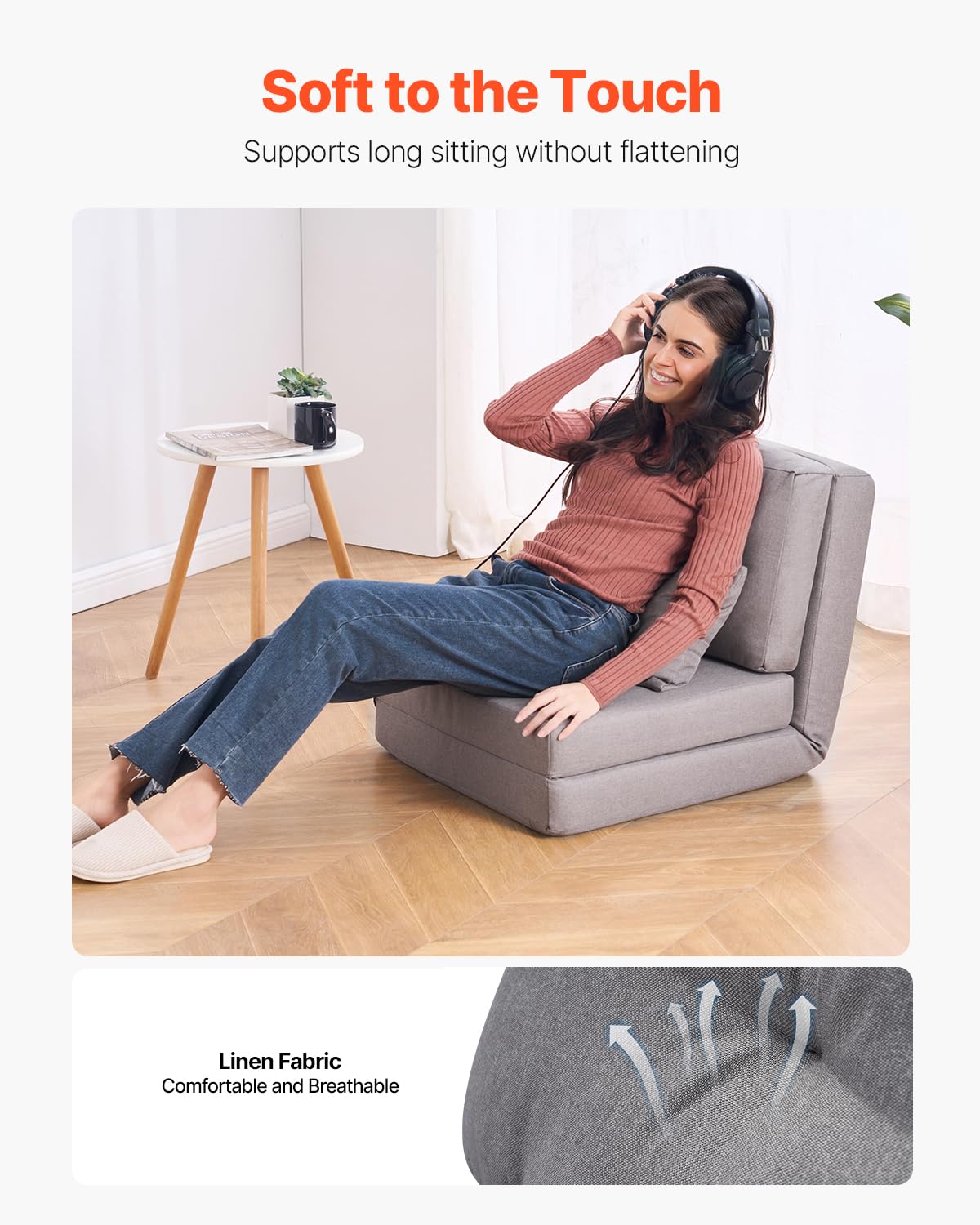 VEVOR Chaise de Sol Pliante, Fauteuil de Sol à 5 Positions réglables, canapé-lit rembourré Pliable avec Dossier réglable, Cadre en métal et Oreiller, Fauteuil Convertible pour Salon, Chambre, Gris