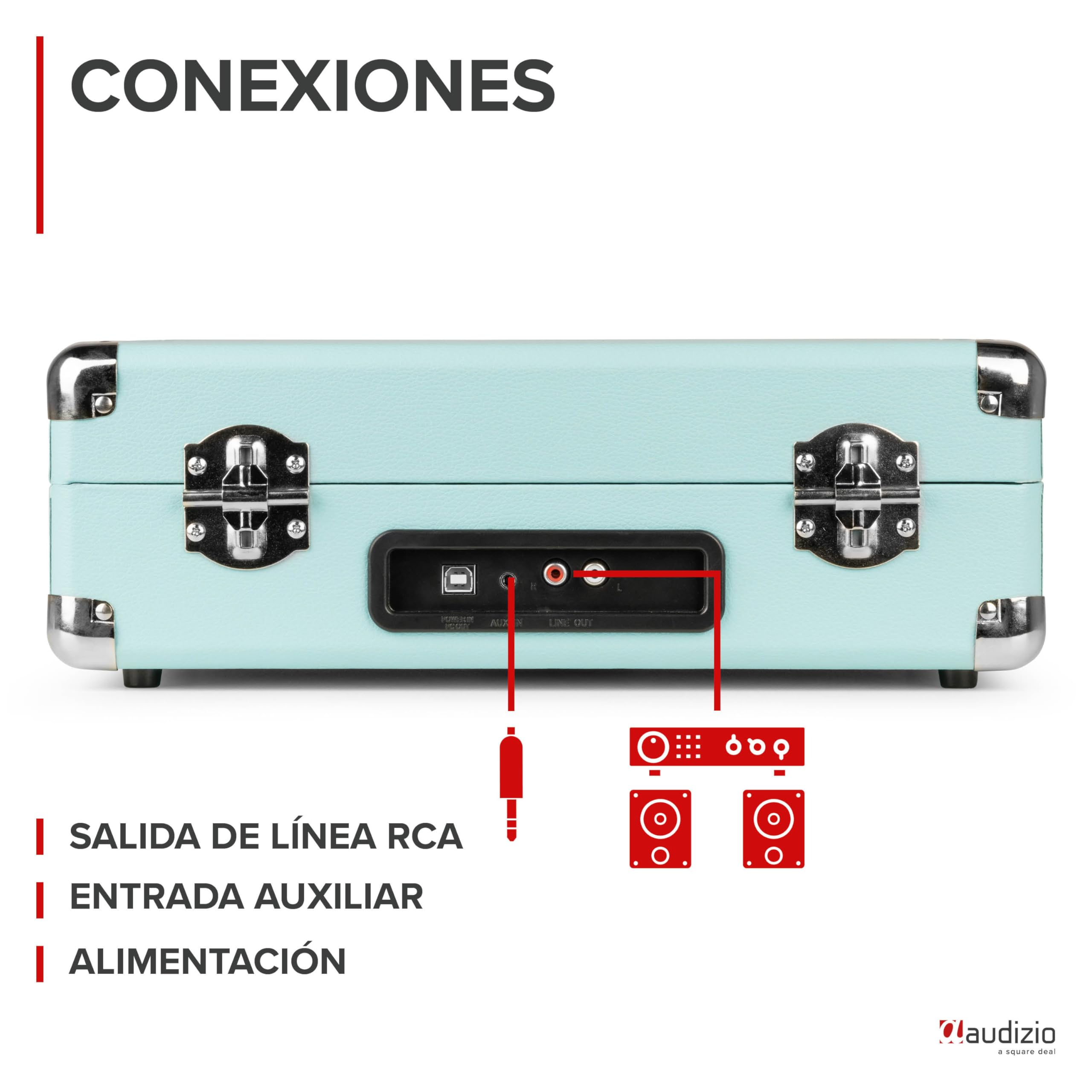 Audizio RP114BL Tocadiscos Azul con Altavoces Integrados, Adaptador de 3 Velocidades (33, 45, 78 RPM), Conexión AUX y Salida RCA – Reproductor de Vinilo Estilo Retro con Sonido Analógico Estéreo