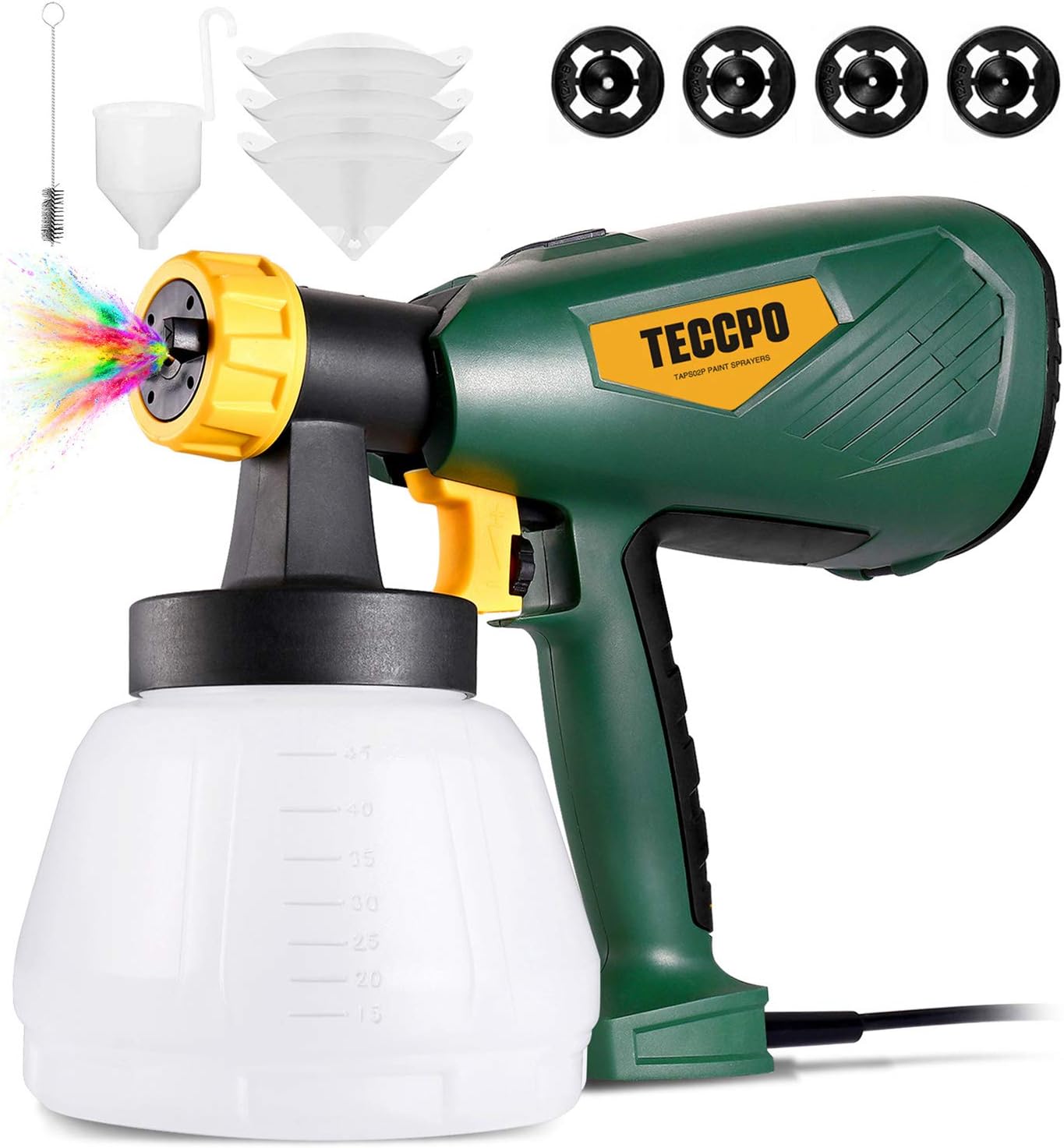 Paint Sprayer, TECCPO 600 Watts Up to 100DIN-s, High Power HVLP Electric Spray Gun with 1300ml Detachable Container, 3 Copper Nozzles & 3 Spray Patterns, Adjustable Volume Dial for Home & Gardening