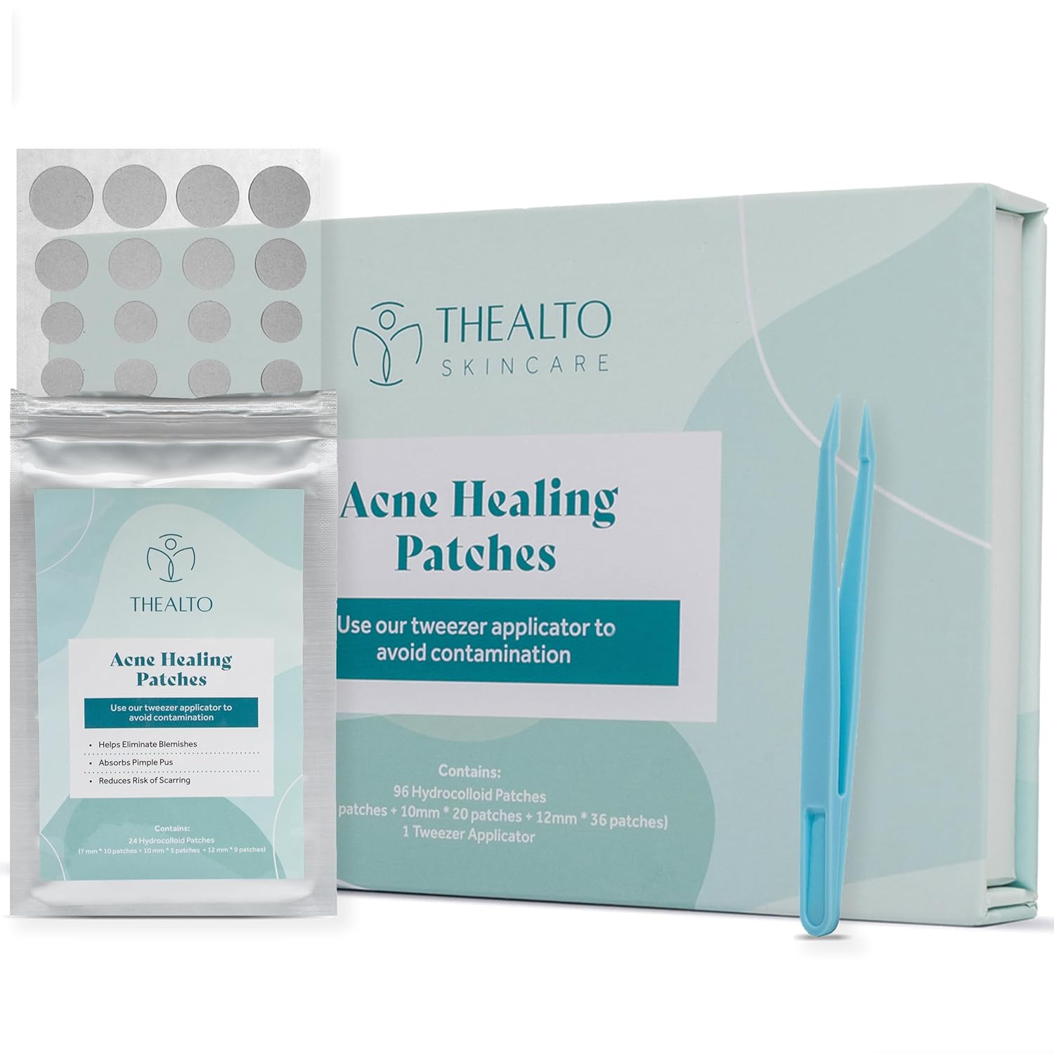 Facial Acne Healing Pimple Patches with Bonus Tweezers - 96 Assorted Translucent Hydrocolloid Dots for Pimples and Blemishes