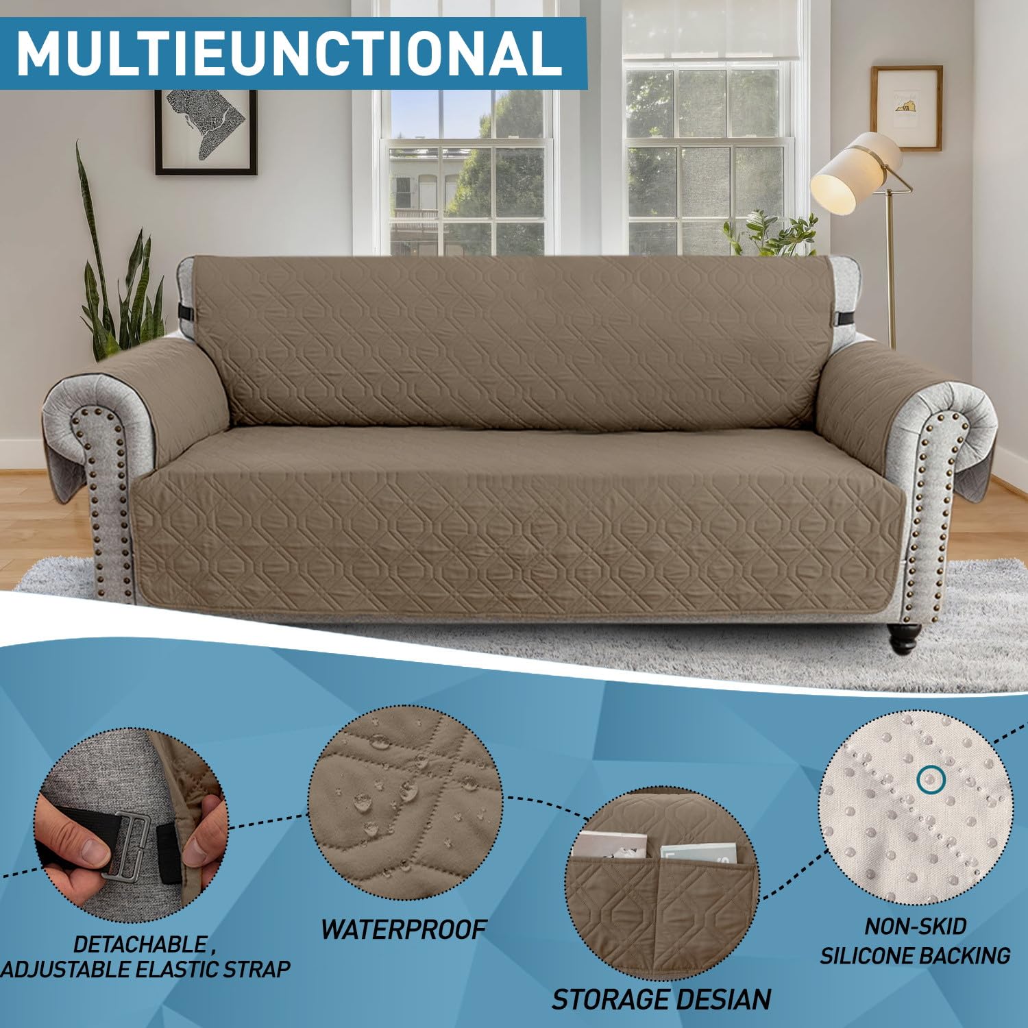 Housse de canapé 3 places imperméable et antidérapante, réversible, lavable - Protection matelassée et élastique - Pour meubles de couleur taupe