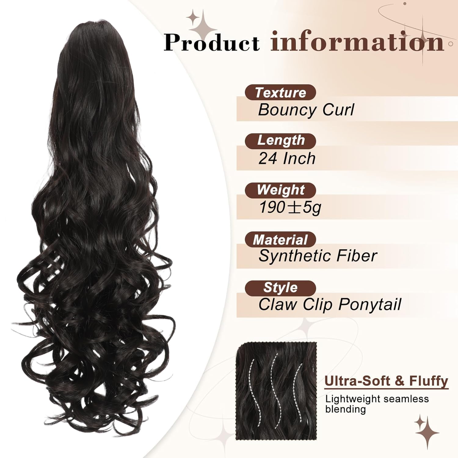 Ponytail Extension 24 Inch Long Curly Wavy Claw Clip in Ponytail Hair Extensions for Women 190g Synthetic Claw Pony Tail Hair Pieces for Women (Dark Chocolate Brown - Image 2