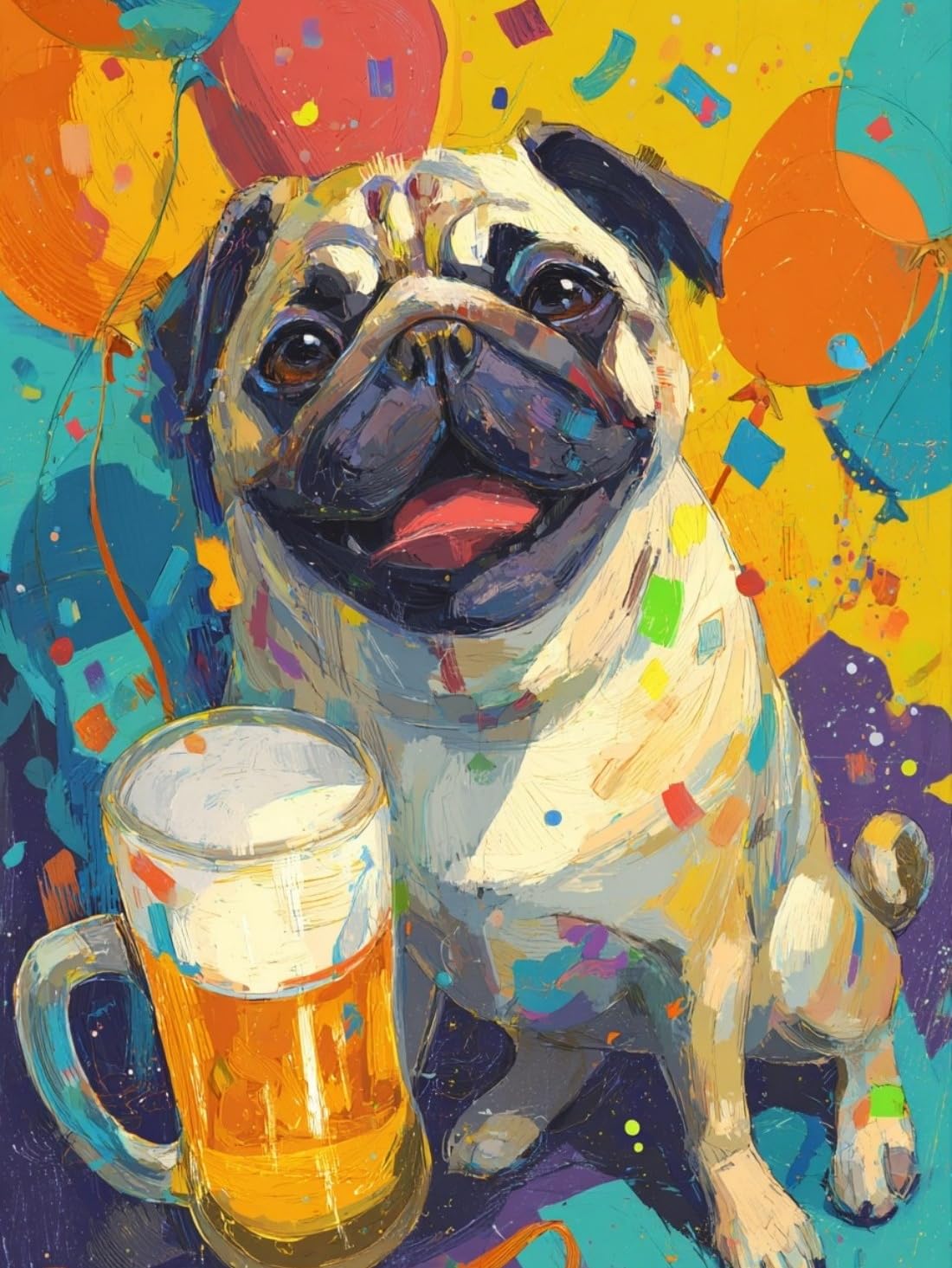 WANGWANGMIAO Paint by Numbers for Adult,Pug Celebration Party DIY Canvas Oil Painting Kit for with Paintbrushes Acrylic Pigment Drawing Paintwork 16x20inch，with Frame