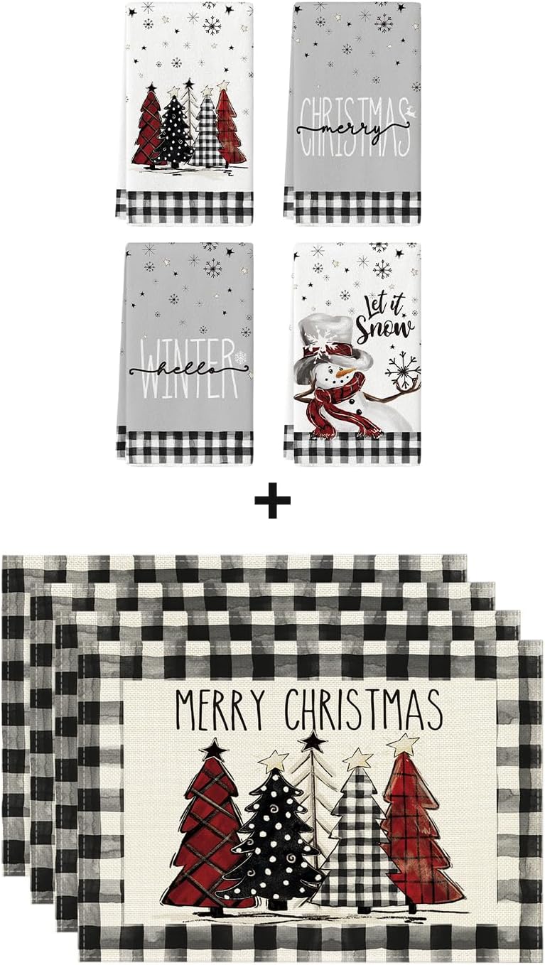 Artoid Mode Grey Snowman Snowflake Let it Snow Christmas Dish Towels 4 pcs and Placemats Set of 4