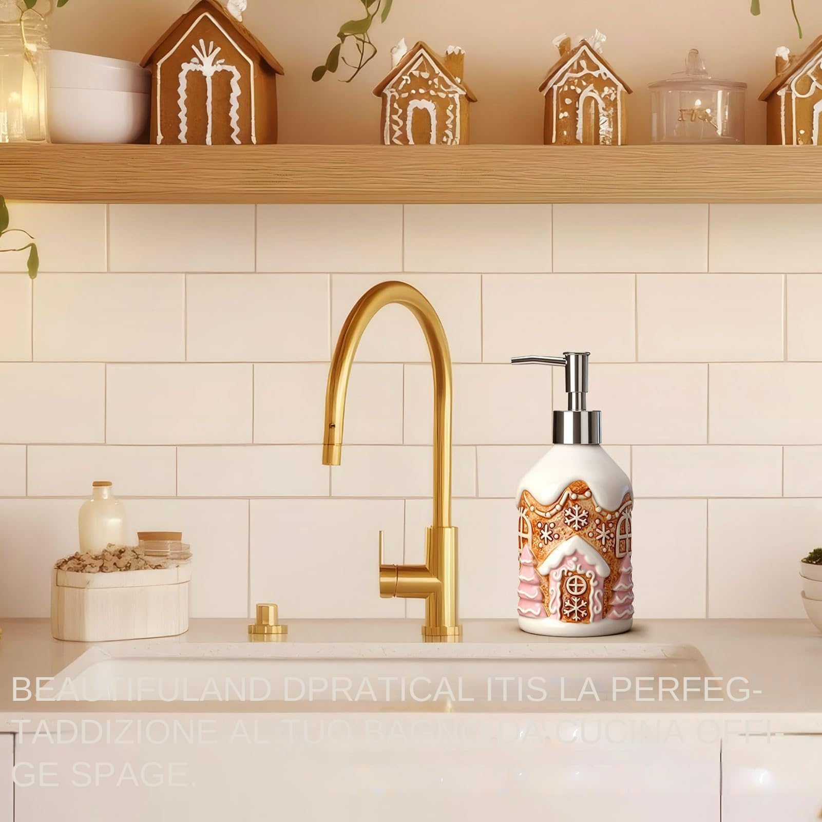 Dispenser Sapone Natalizio A Forma Di Casa Di Pan Di Zenzero | Ceramica 350 Ml | Ricaricabile Con Pompa