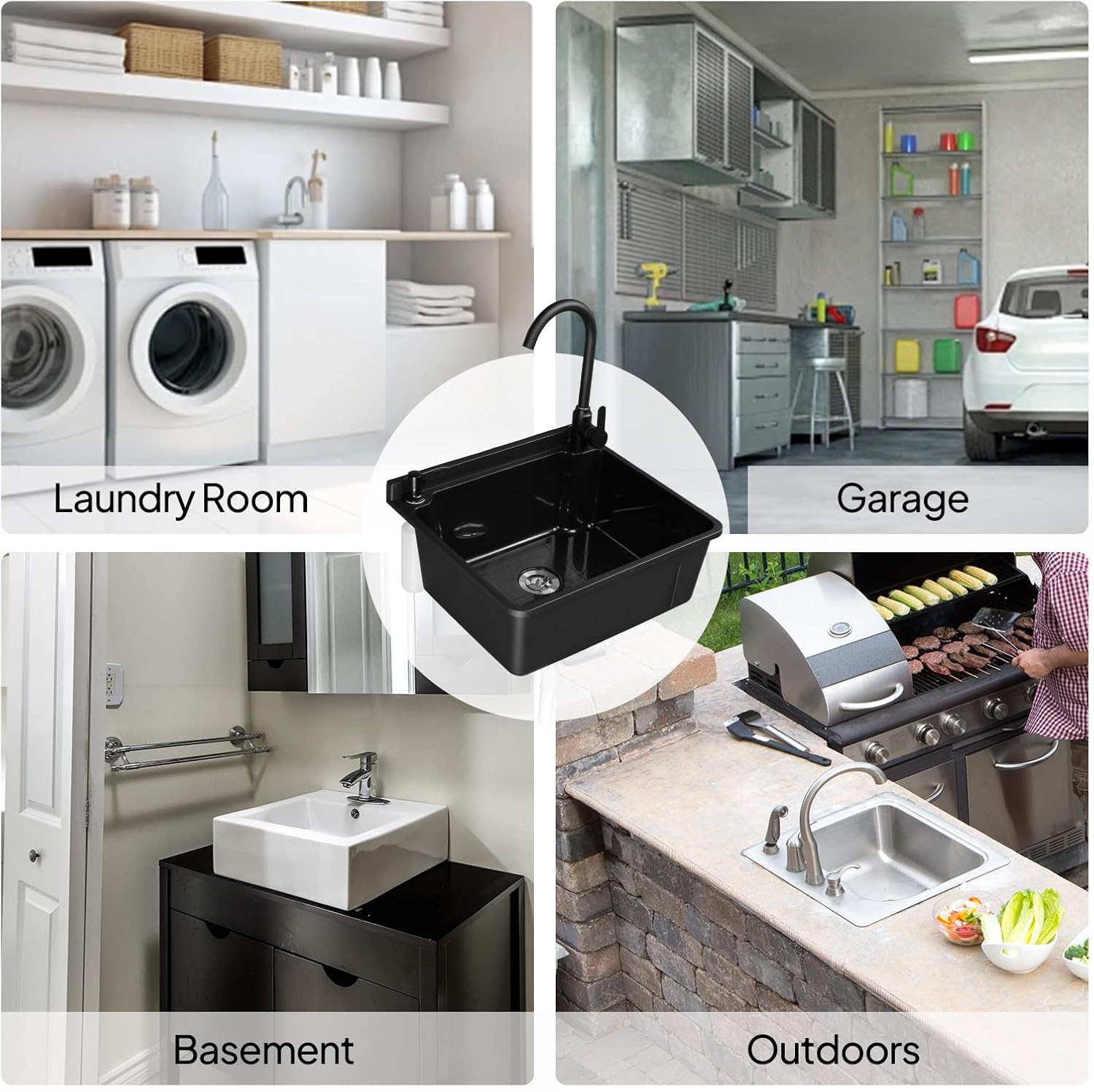 ROVSUN 9-Gallons Plastic Wall-Mounted Utility Sink, Wall-Mounted Utility Tub with Wall Bracket, Hot&Cold Faucet, Drain Plug, Perfect for Basement, Laundry Room, Garage or Shop and More, Black