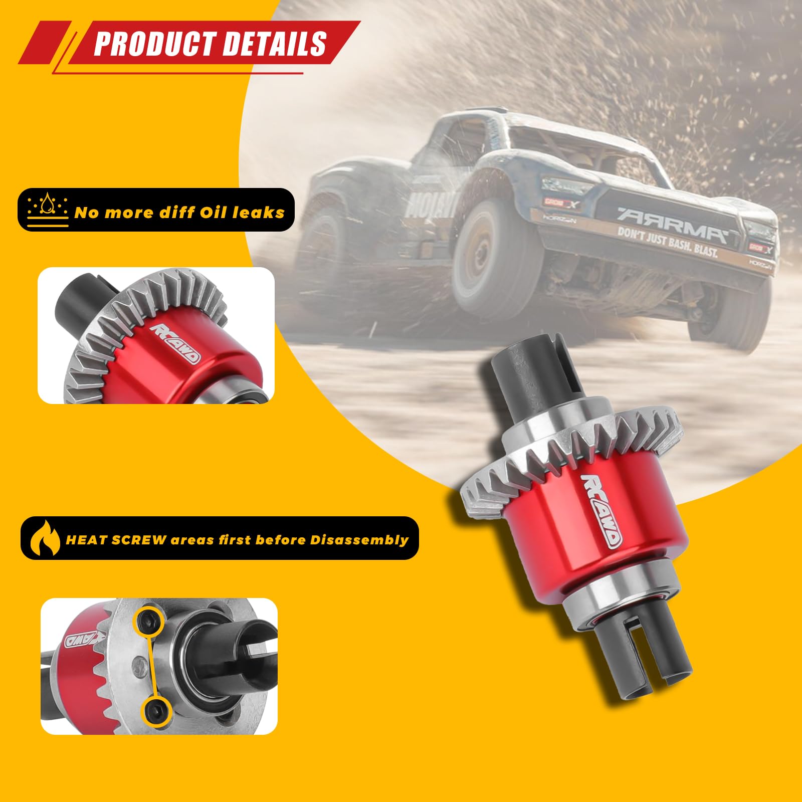 RCAWD Différentiel étanche 30T 0,8Mod avec engrenage principal 12T de remplacement pour ARA311177V2, pour Arrma 1/16 Mojave Grom 1/14 Typhon 1/18 Granite, Losi 1/12 Nascar Rempli d'huile de Nascar