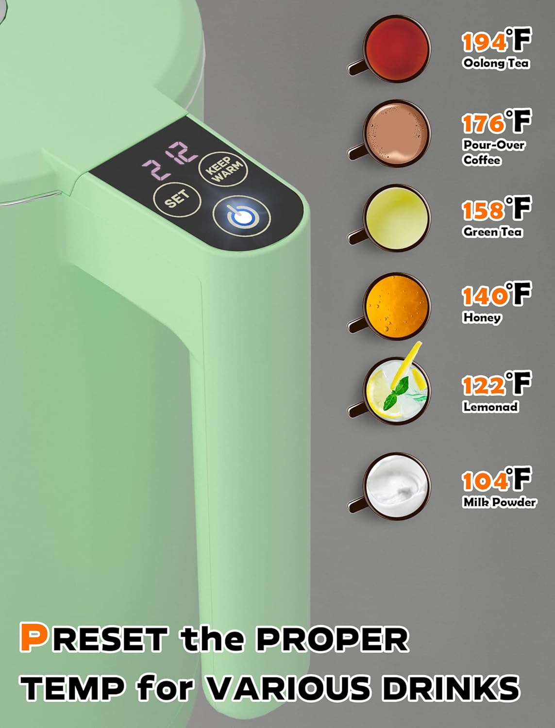 Kettle control panel with temperature presets
