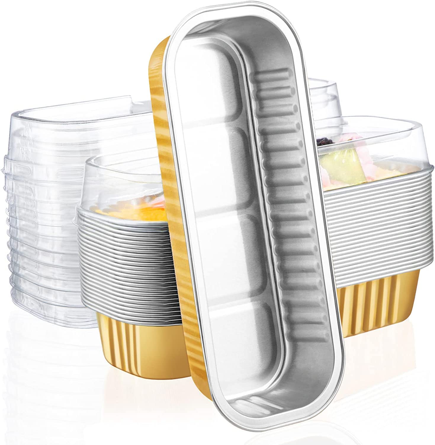 Gold Cupcake liners with Lids, 25pcs 6.8oz 6.5"x2.5"x1.2" Aluminum Disposable Ramekins Pan Tin with Lids，Cupcake Baking Cups Containers Wrappers, Dessert Cheesecake Creme Brulee Ramekins Pan