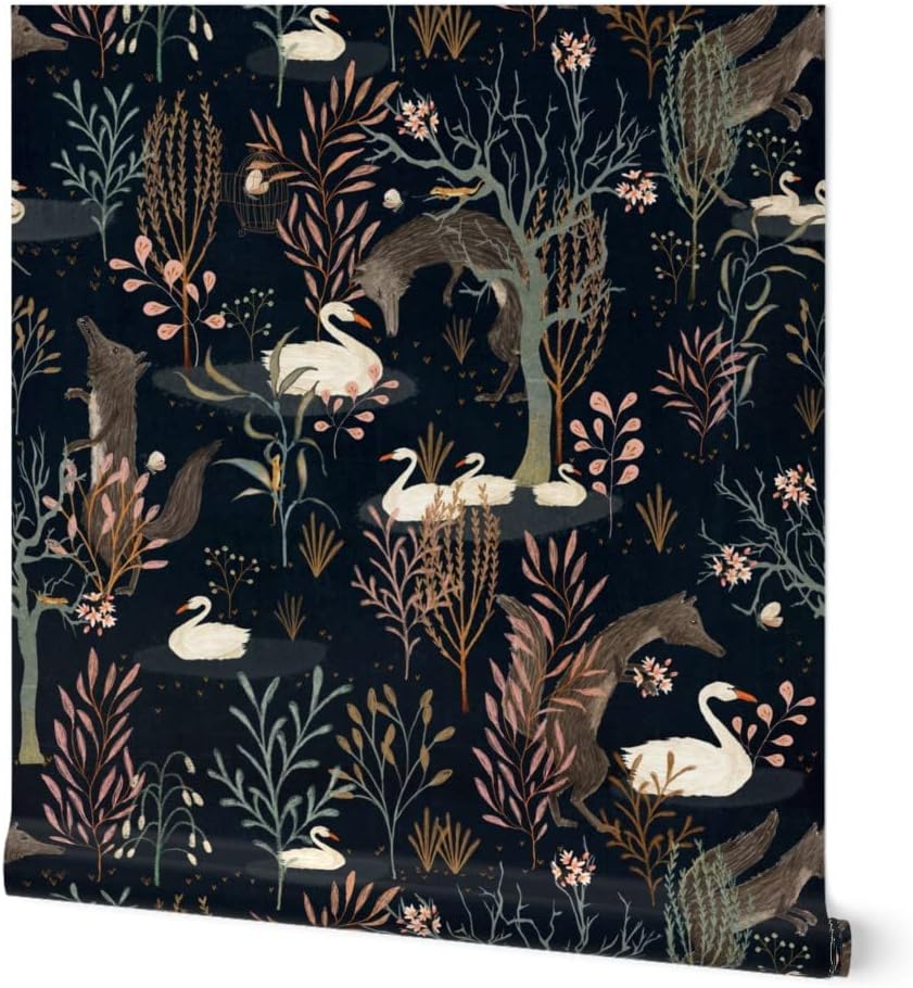 Peel & Stick Wallpaper 12ft x 2ft – Black Forest Large Pink Blue Woodland Dark Swan Lizard Custom Removable Wallpaper by Spoonflower