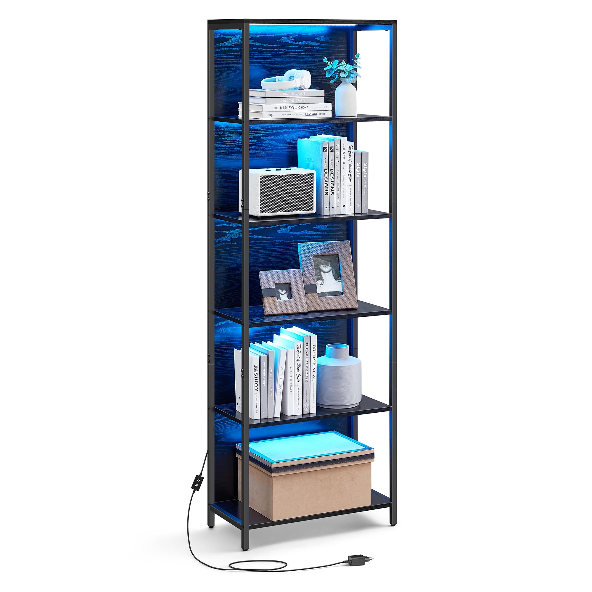 6-Tier LED Bookcase Ebony Black, 30.3 x 60 x 178.6 cm