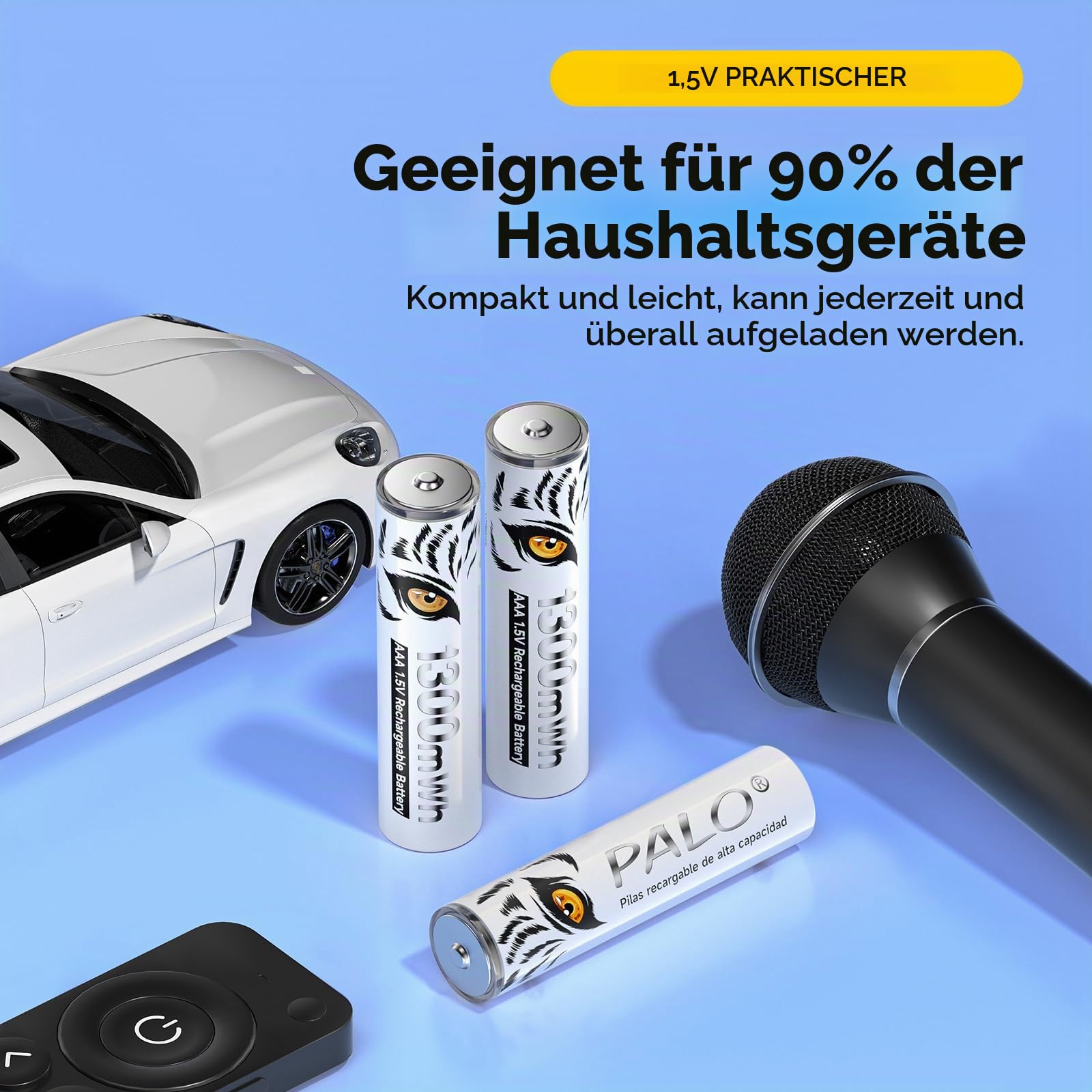 Lithium AAA Akku 1.5V 1300mWh, Tiger-Drucken & mit Ladelicht, 1500 Zyklus Geringe Selbstentladung AAA Batterien Wiederaufladbare, 16 Stück Akkus mit Batteriekasten