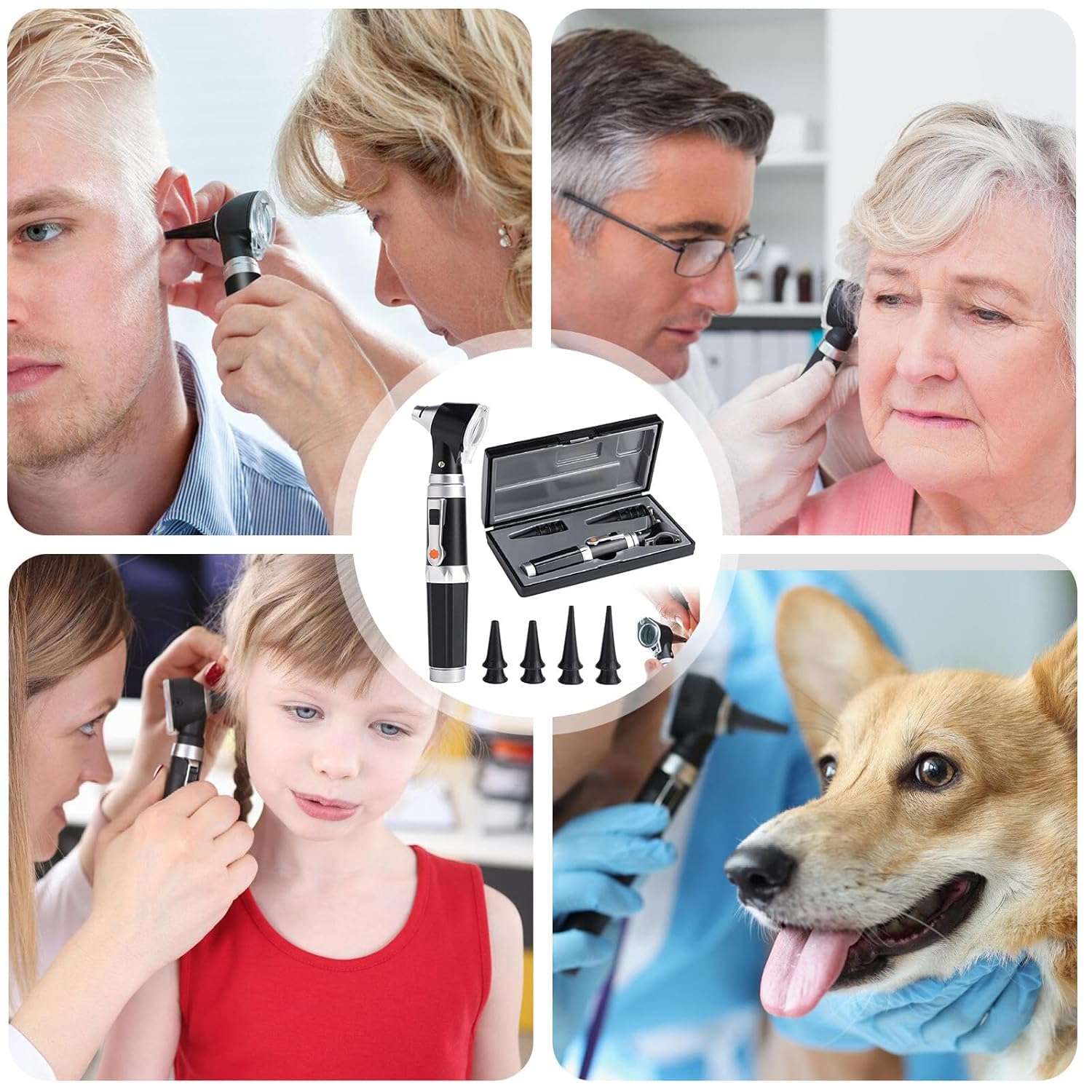 Otoscopio con luz, otoscopio con luz con aumento 3x y 4 puntas de espéculo tamaño, 8 auriculares, juego de otoscopio con cubierta de plástico duro para adultos y niños y mascotas, negro