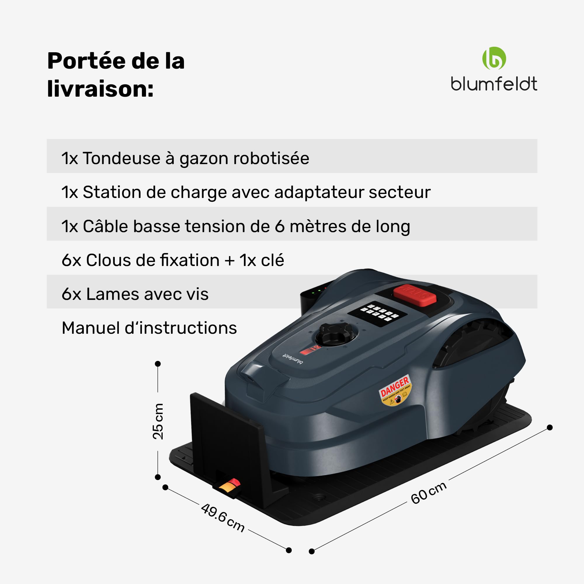 blumfeldt Robot Tondeuse 1000 m² - Contrôle par Appli, Batterie Li-ION, Charge Auto, Silencieuse, Capteurs Pluie & Collision, Hauteur Ajustable, Gris Foncé