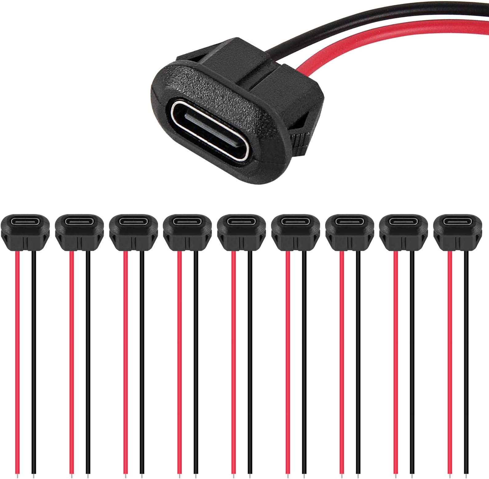 ACEIRMC 10pcs Type-C Female Chassis Waterproof 2P Solder Wire Type USB C Pigtail Cable Extension Power Cable USB-C Plug to 2 Pin Bare Wire Open End Connector (Elliptical Without terminals)