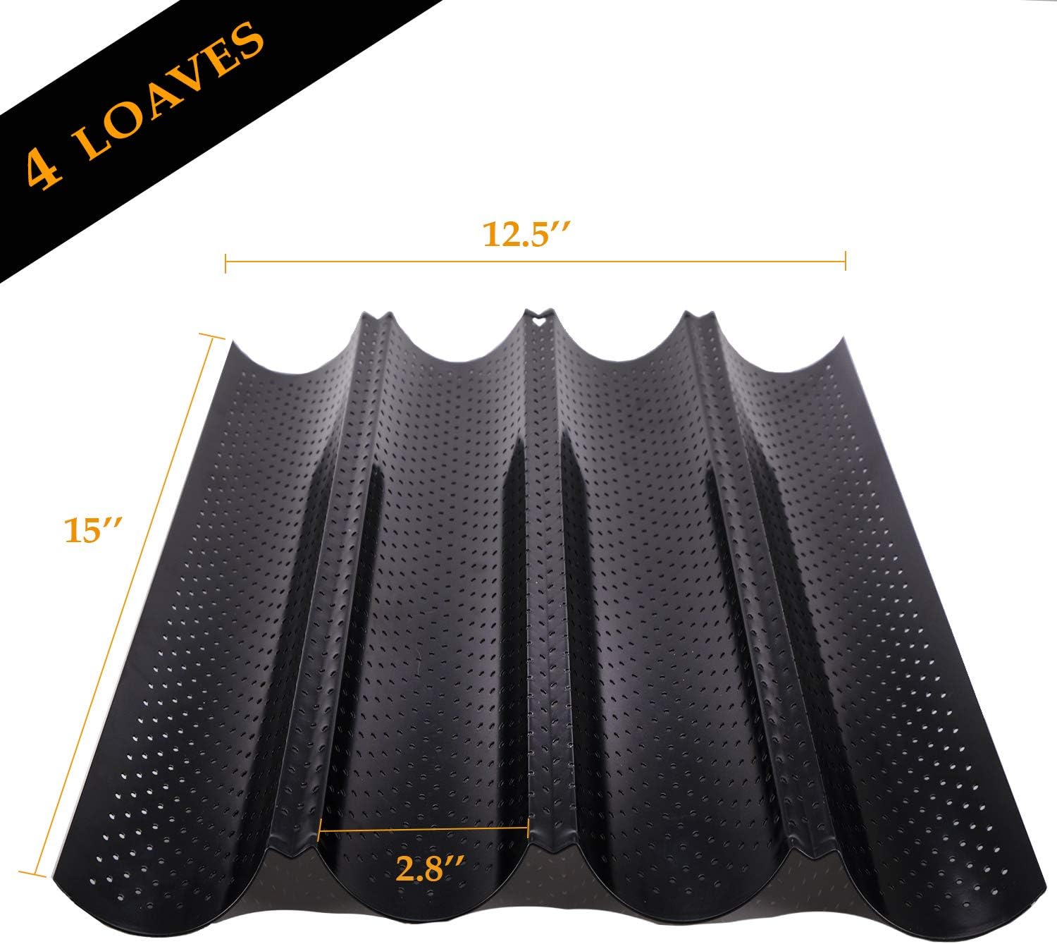 Baguette Pan - 3 Brush Included French Bread Baking Pan Nonstick Perforated Baguette Pan 4 Loaves Loaf Bake Mold Toast Cooking Bakers Molding Black