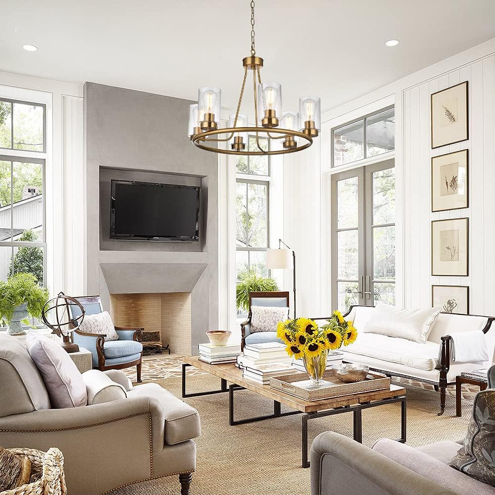 WINSHEN 6-Light Round Dining Room Light Fixture Hanging in Brushed Brass Finish, 25-Inches Diameter Farmhouse Rustic Chandelier Lighting with Seeded Glass Shade for Kitchen Island Bedroom Hallway - - 