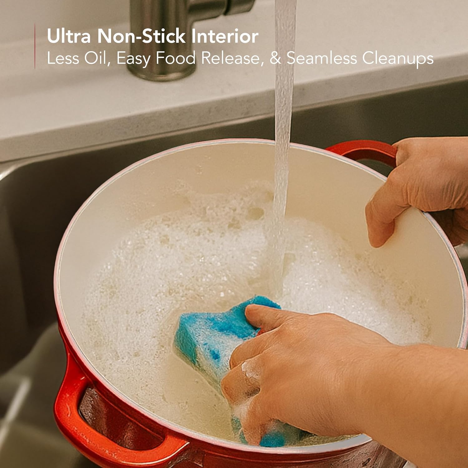 OVENTE Dutch Oven Pot with Lid, 4.6 Quart Aluminum Non-Stick Coated Cookware for Sourdough Bread Baking, Braising, Cooking Soups and More, Oven and Dishwasher Safe, Works on All Stovetops, Red DOA546R