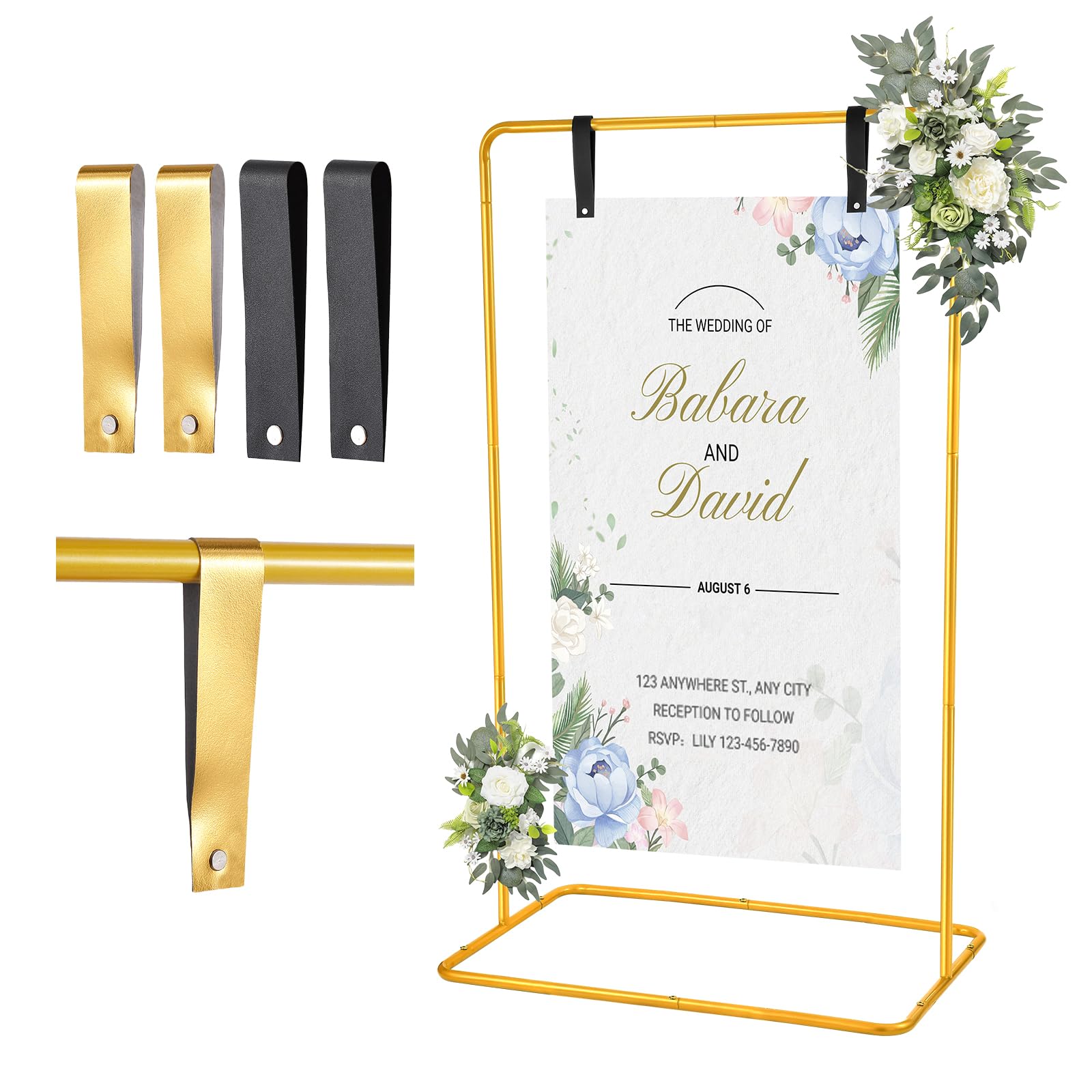 Photo 1 of WellSign Wedding Welcome Sign Holder, 68”x31”x 20” Welcome to Our Wedding Sign Adjustable Display Stand with 4 Leather Hanging Straps,Gold Easel Stand Personalized for Baby Bridal Valentine