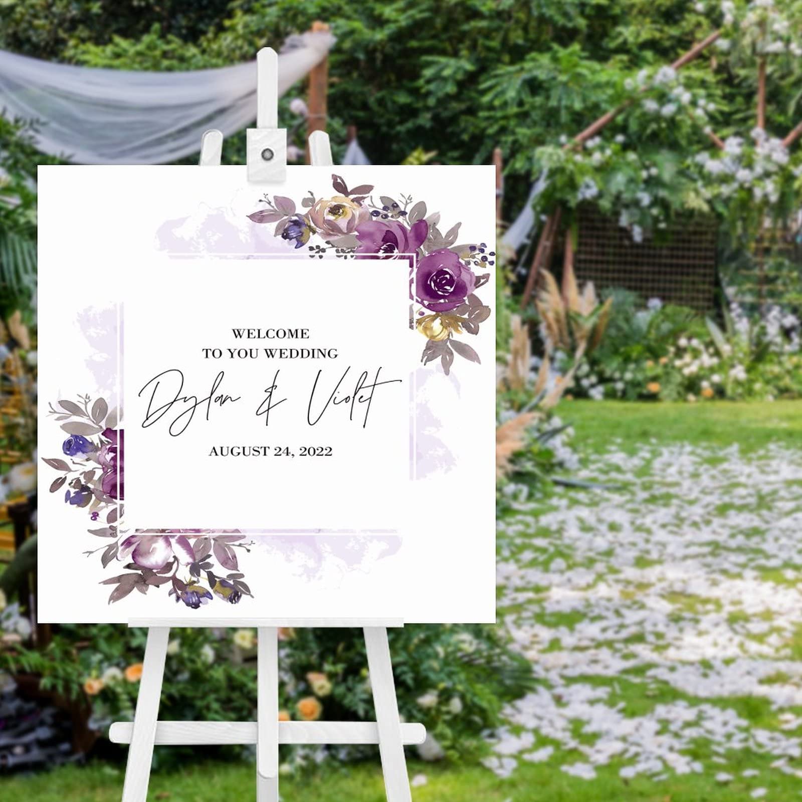 Panneau bienvenue mariage bois violet prune 50cm pour décoration