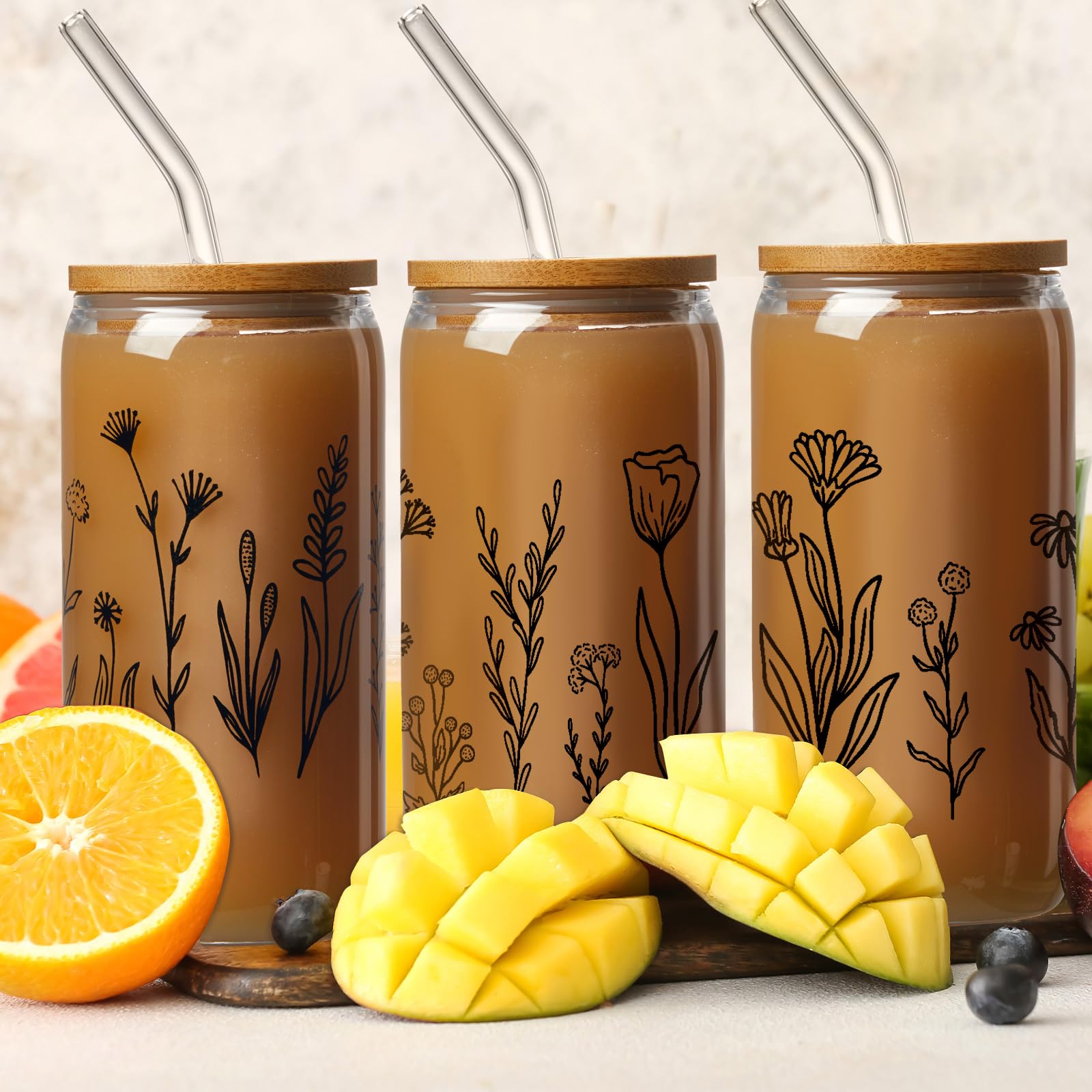 Zubebe Vaso de cerveza con diseño de flores silvestres con tapas y pajilla, vasos florales, taza de café helado, bonito vaso de café estético bohemio con 2 cepillos de limpieza para beber (negro, 4