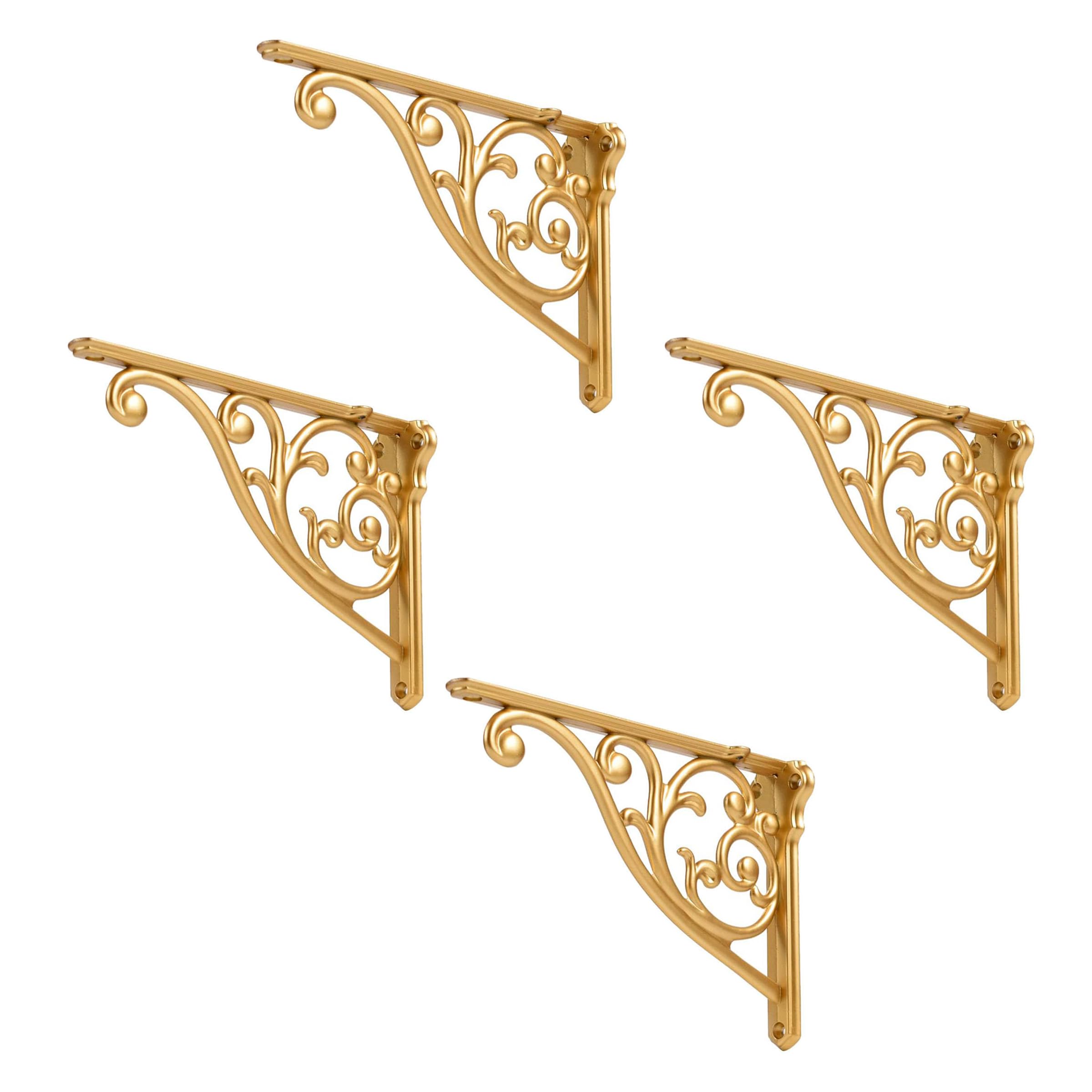 Shelf Brackets 6 Inch 4 Pack Heavy Duty Antique Gold Wall Bracket Victorian Kitchen Decorative Rack Shelves, Shelf Bracket Available in 8 finishes. (4, Antique Gold)