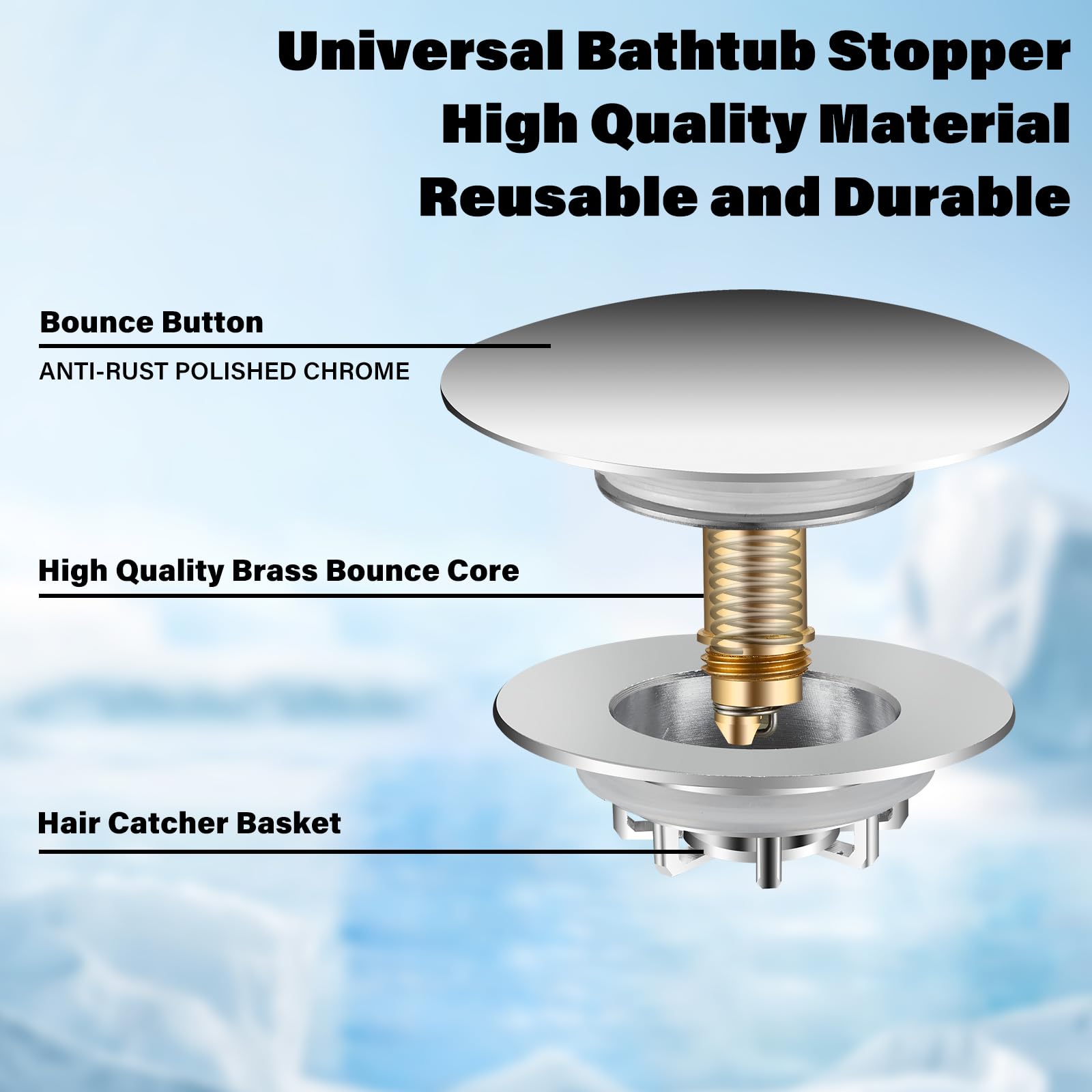 Uxoz Pop-Up Bathtub Stopper – Fits 1.5"-1.75" Drains, Brass Core, Black Finish, Easy Install