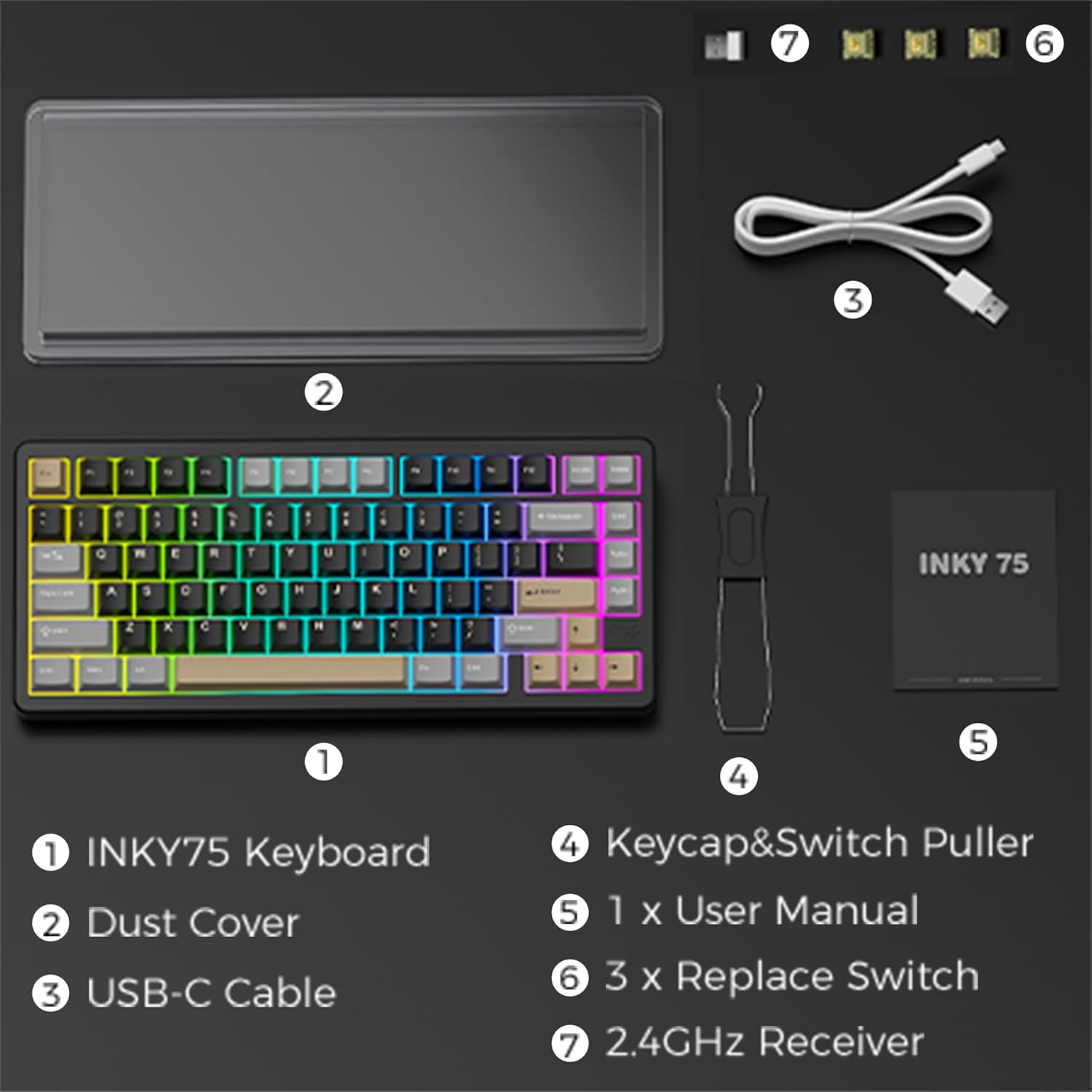 MK INKY75 Mechanical Keyboard with Full Aluminum Wireless Mechanical Gaming Keyboard, 75% Layout Mechanical Keyboard BT/2.4G/USB-C,Hot Swappable, Creamy Sounding, RGB/PP/4000mAh(Raven Black) - Image 8