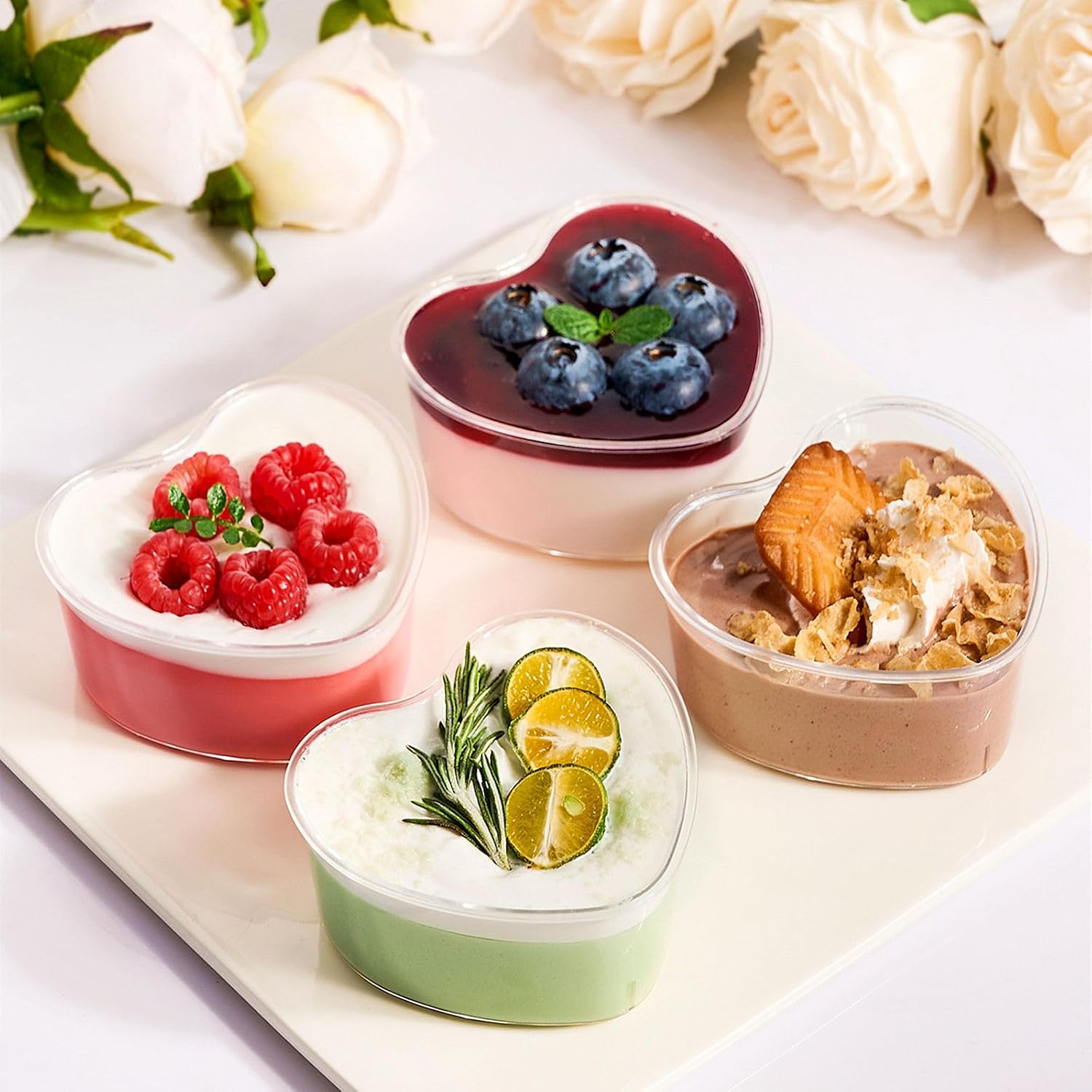 TOFLEN 150Pcs 5 oz Heart Shaped Dessert Cup with Lid and Spoon, Serves 50