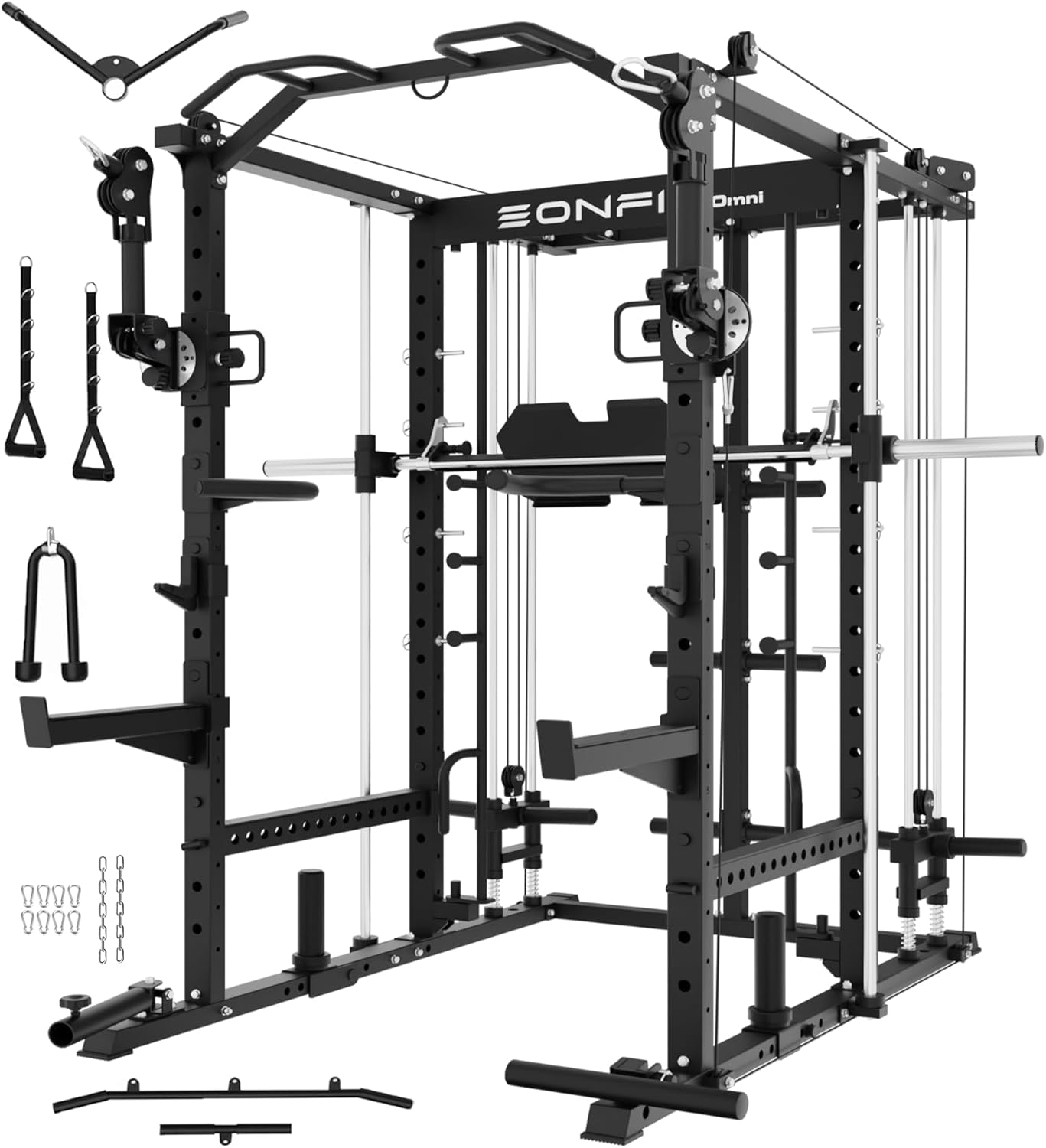 Eonfit E5 Smith Machine with Vertical Leg Press, Power Cage Squat Rack with LAT-Pull Down Cable Crossover Rotating Arms System Home Gym Equipment All in One