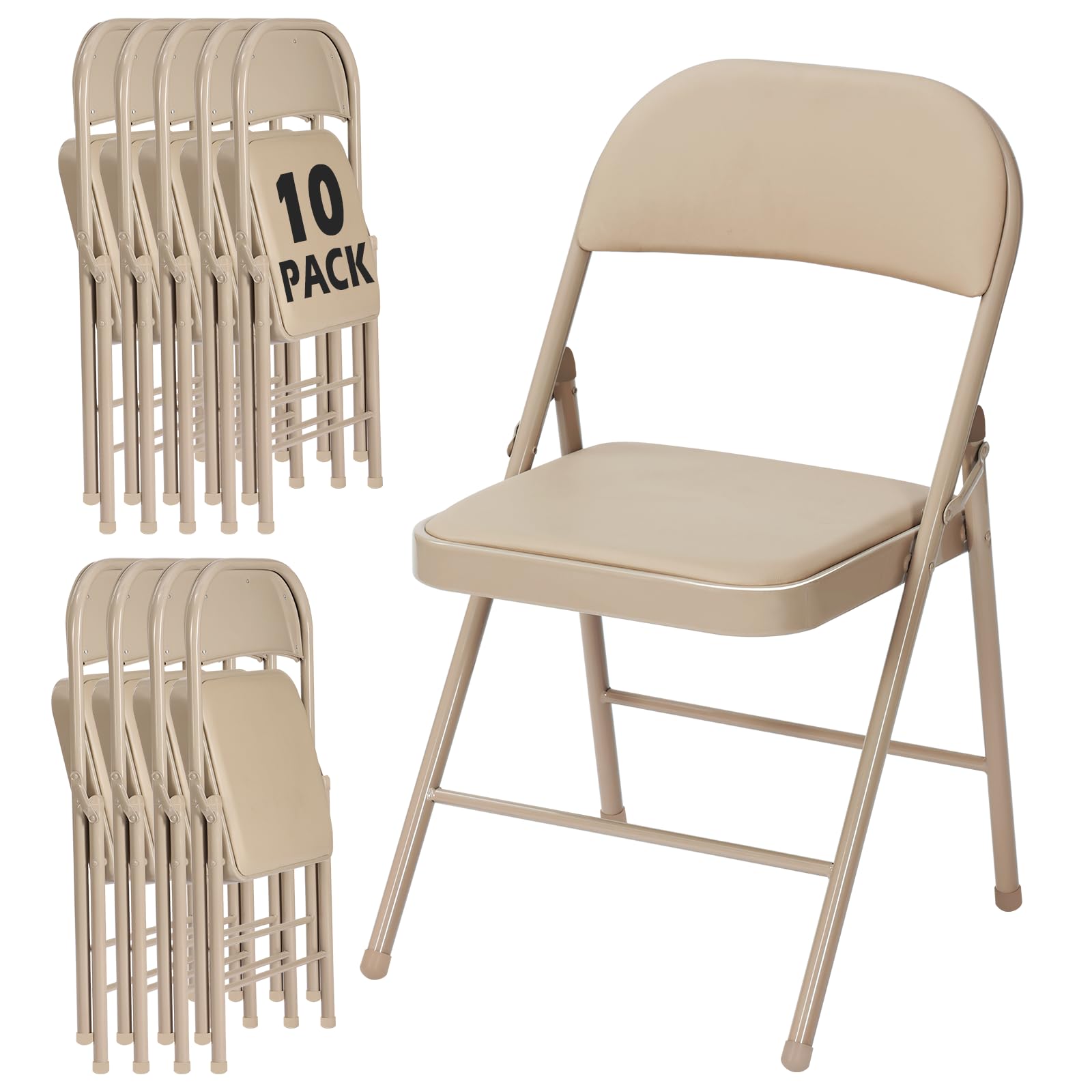 10 Pack Khaki Padded Folding Chairs with Metal Frame