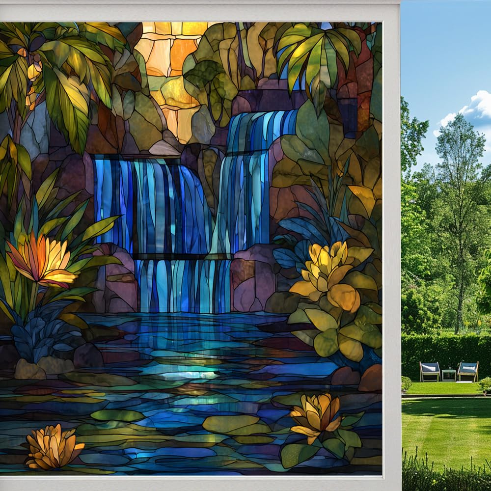 Beautiful Waterfall Stained Glass Window Film, Natural Forest River Scenery Peel and Stick Privacy Film, Frosted Adhesive Vinyl Decorative for Bathroom Windows Glass Doors, （90x140cm）