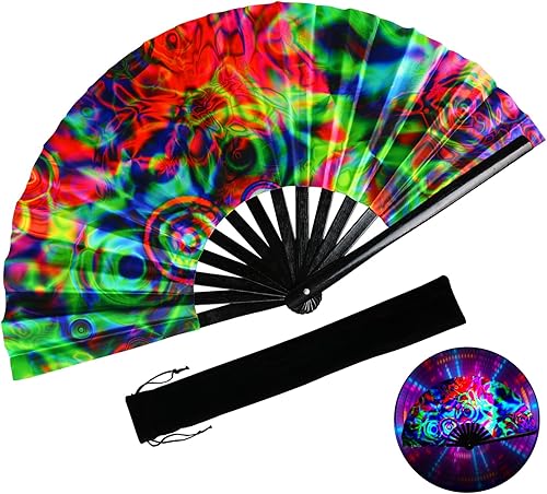 Ventilador plegable grande para rave, ventilador plegable de bambú chino japonés con brillo UV, ventilador de mano para baile, música, festival,