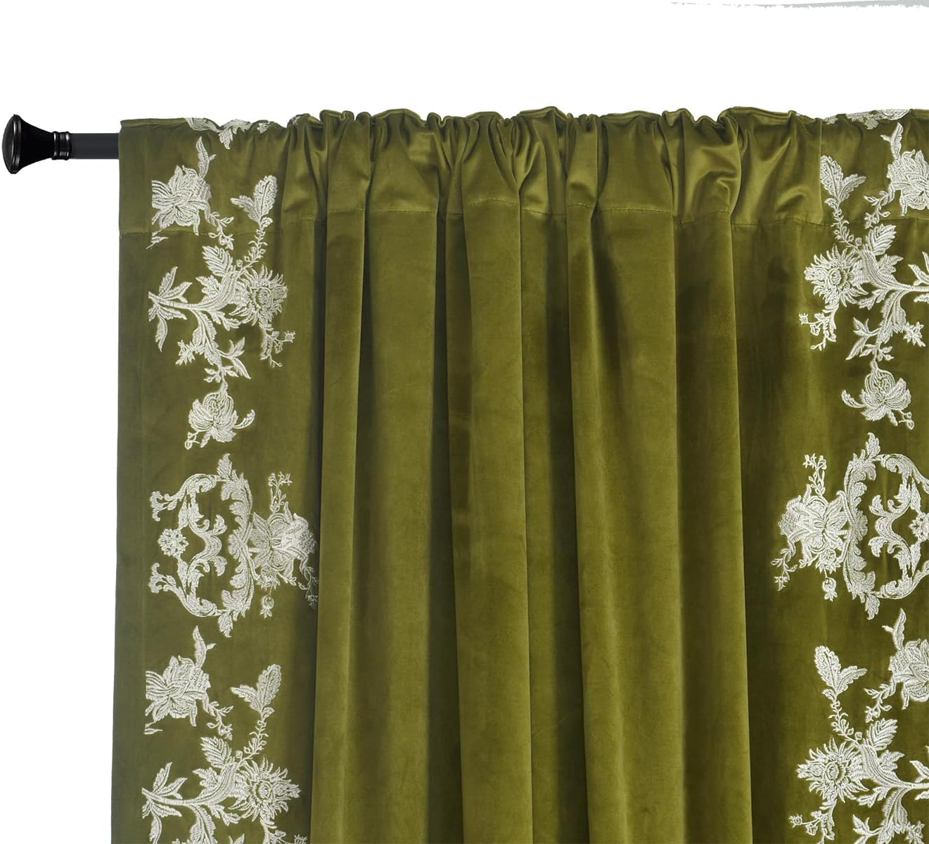 Roslynwood Luxury Velvet Olive Green Curtains Back Tab 96 Inches Long, White Flower Embroidered Olive Curtains Farmhouse Country Panels, Window Drapes for Living Bedroom, 52W x 96L Inch, 2 Panels