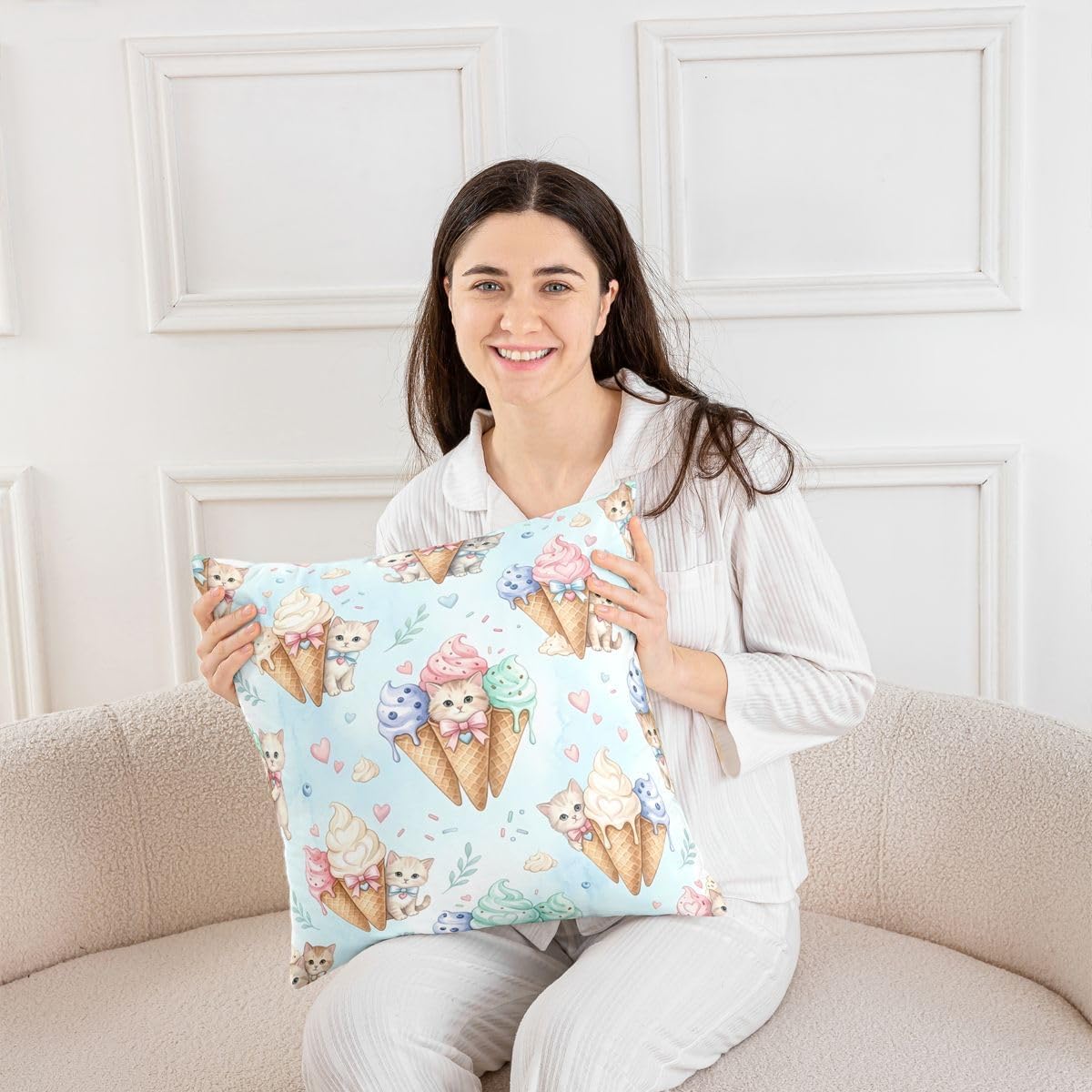Castle Fairy Cute Cats Throw Pillow Covers (Pack of 1),Cartoon Pets Ice Cream Cushion Cover for Kids Boys Teens Bowknot Love Heart Pillow Cases Princess Living Room Sofa Bed Decor,18" Lx18 W image 3