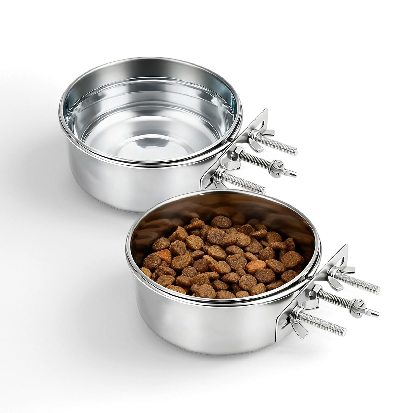 Stainless Steel Dog Crate Water Food Bowl Clip on, with Three Bolt Hanging Pet Holder Water Bowl, Dog Crate Tray for Dogs Cat Bird Pig Rabbit, Sturdy Durable(16cm&14cm)