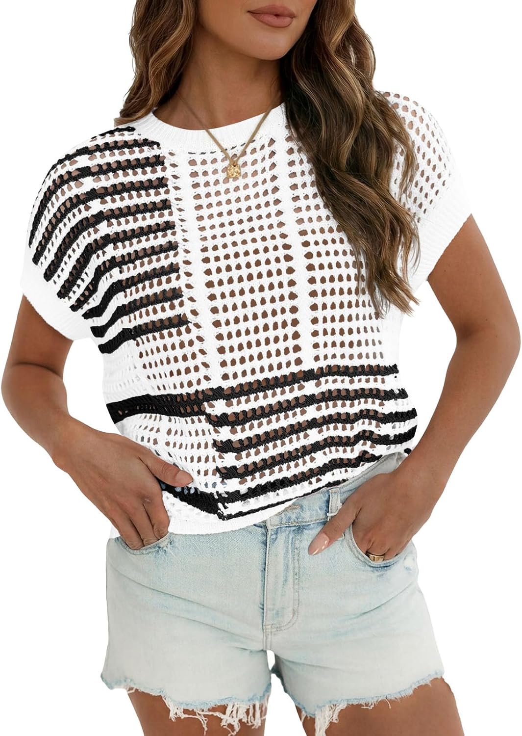 Fisoew Womens Short Sleeve Sweater Summer Striped Crochet Tops Crewneck Cap Sleeve Casual Knit Beach Vacation Vest Tops Black