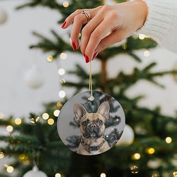 Ceramic Christmas Ornaments - Light Brown Dog Double Sided Hanging Tree Decor with Gold Ribbon, Funny Xmas Crafts for Holiday Home Party Decorations 2.8 Inch