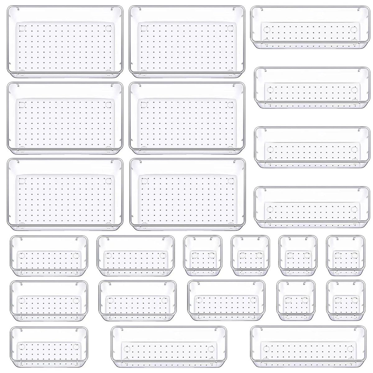 USENG 28Pcs Organizadores de Cajones de Plástico Transparente,Organizadores de Cajones de 4 Tamaños,Separadores de Cajones de Escritorio para Maquillaje Baño Cajas Bandejas de Apilables Almacenamiento