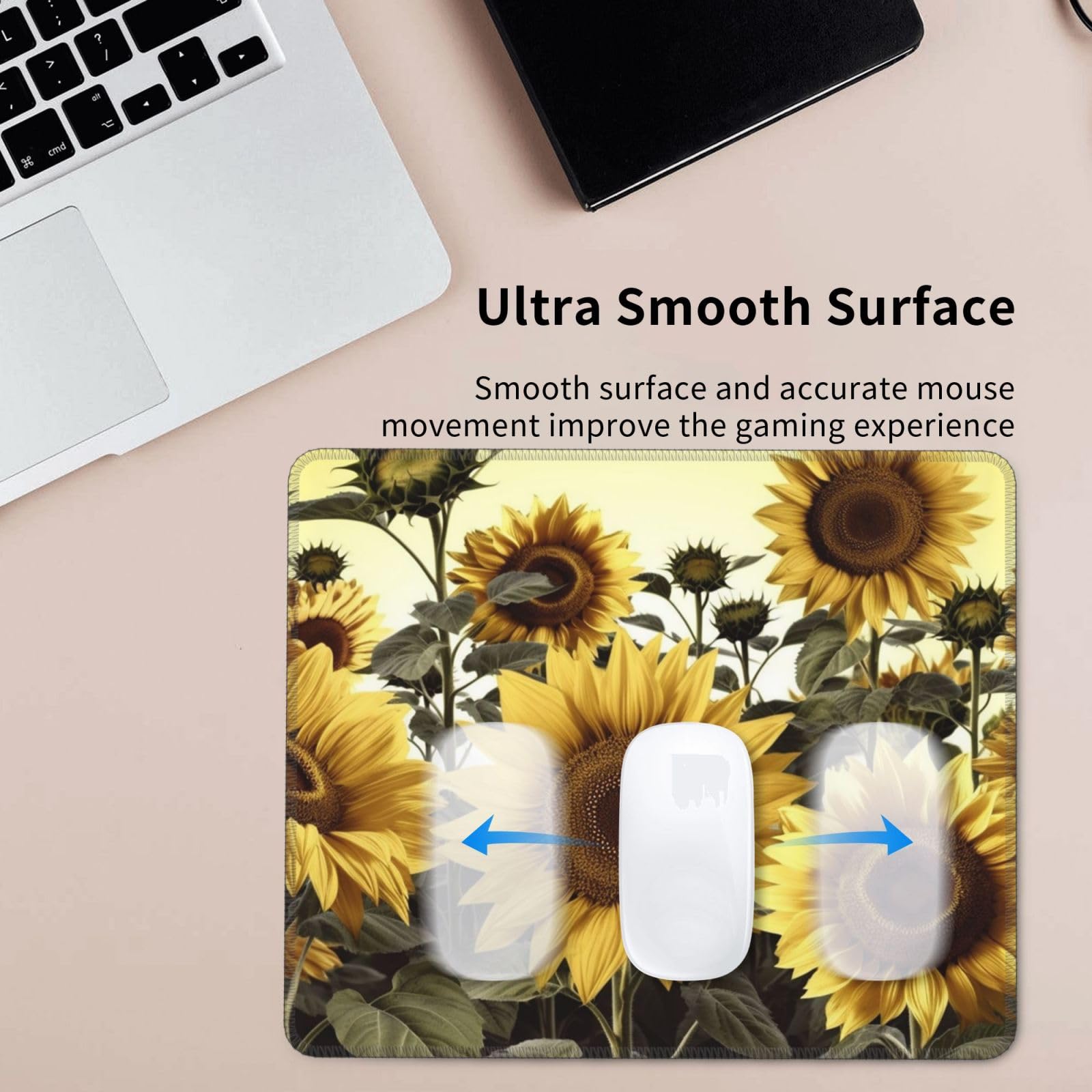 Bellissimo tappetino per mouse a forma di girasole con bordo cucito, base in gomma antiscivolo, per computer portatile, computer