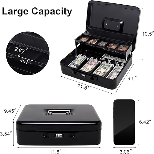 Vista 44 de Jssmst - Caja de efectivo de metal grande con bandeja de dinero,Caja de bloqueo Blanco con cerradura de combinación