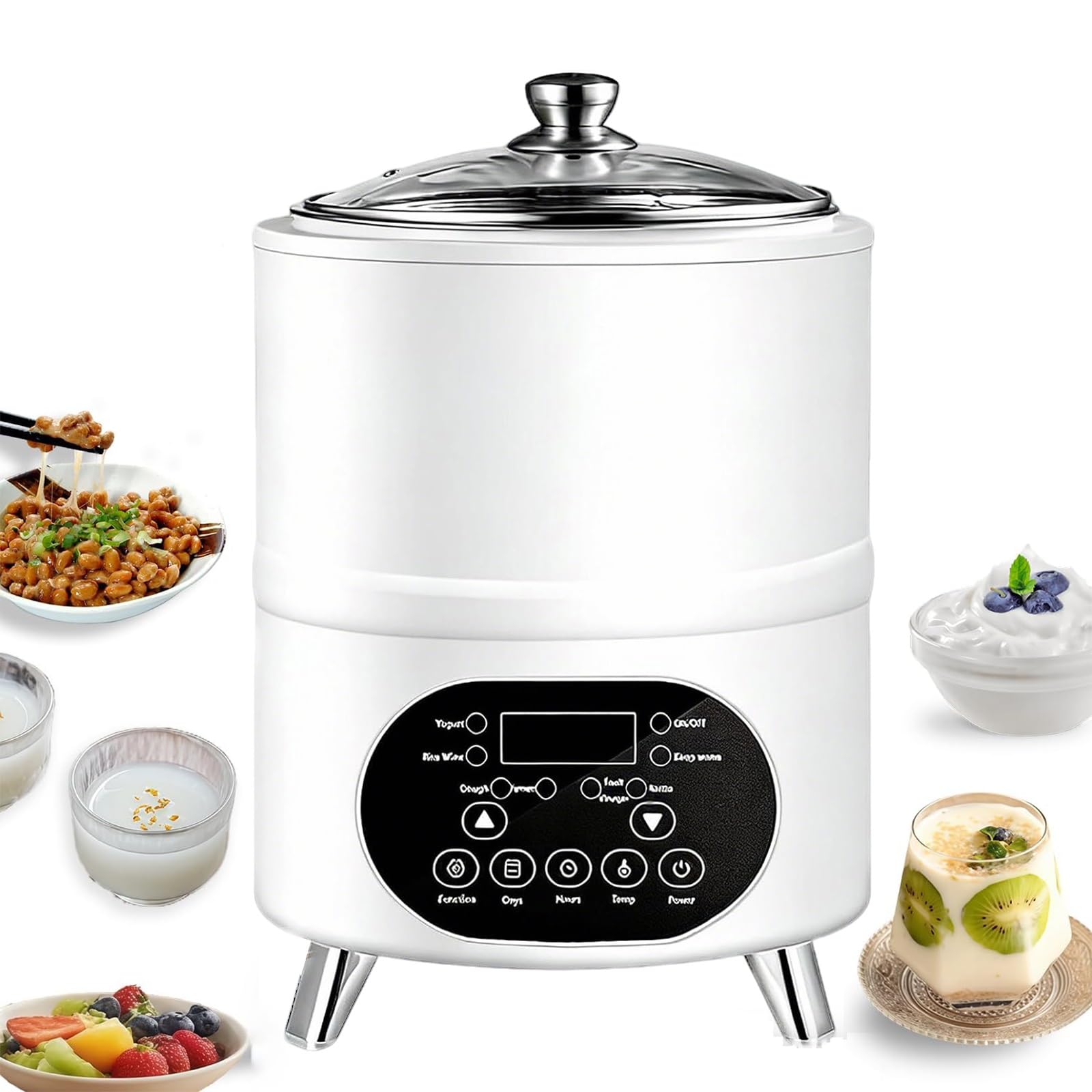 Yogurtiera Professionale 8L/12L – Display LCD Touch, Potenza 400W/600W, Riscaldamento Uniforme A 360°, Controllo Preciso Tempo/Temp, Vaschetta Rimovibile, Per Yogurt Greco(White,8L)